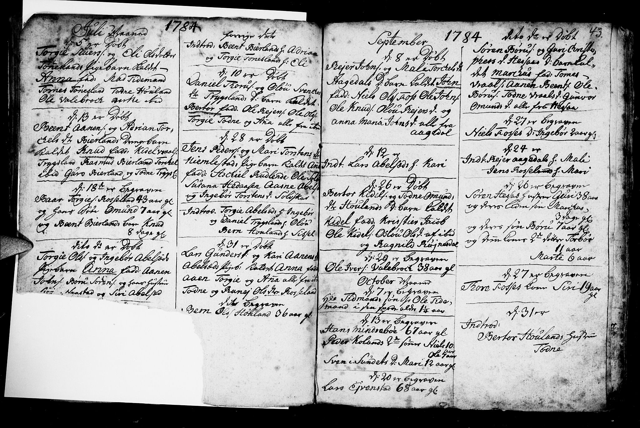 Bjelland sokneprestkontor, AV/SAK-1111-0005/F/Fb/Fba/L0002: Parish register (copy) no. B 2, 1753-1792, p. 43