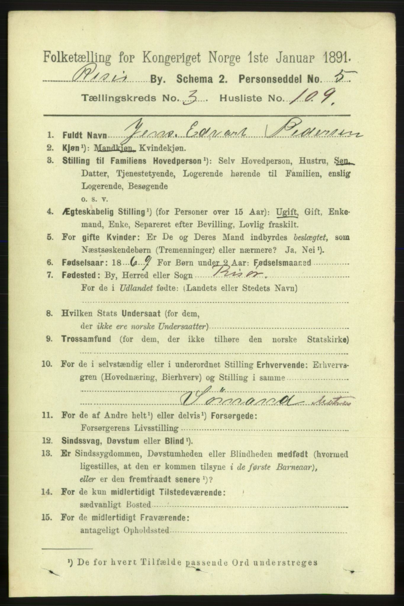 RA, 1891 census for 0901 Risør, 1891, p. 3969