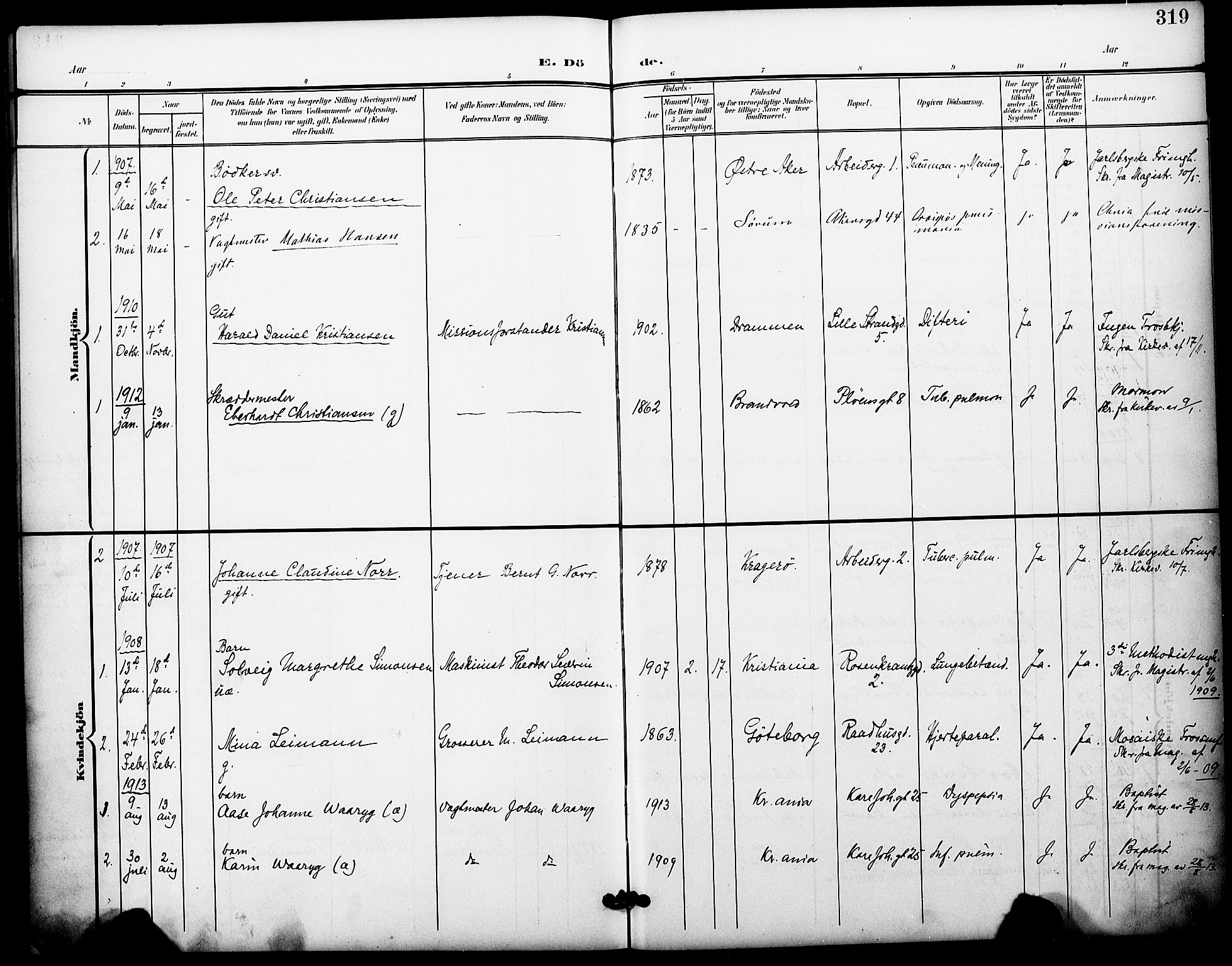 Oslo domkirke Kirkebøker, AV/SAO-A-10752/F/Fa/L0036: Parish register (official) no. 36, 1901-1919, p. 319