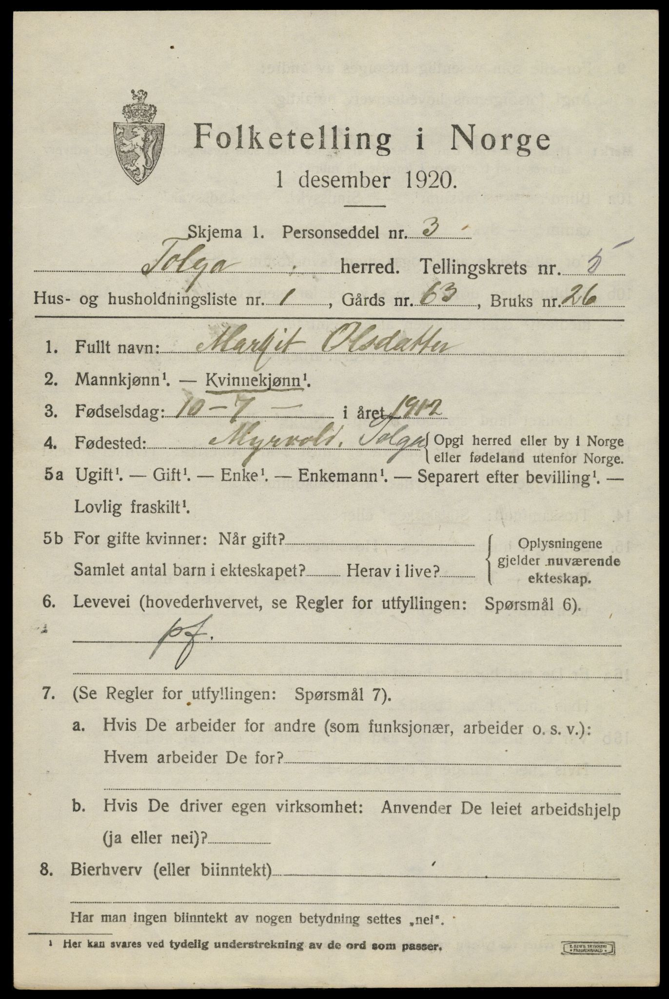 SAH, 1920 census for Tolga, 1920, p. 3205