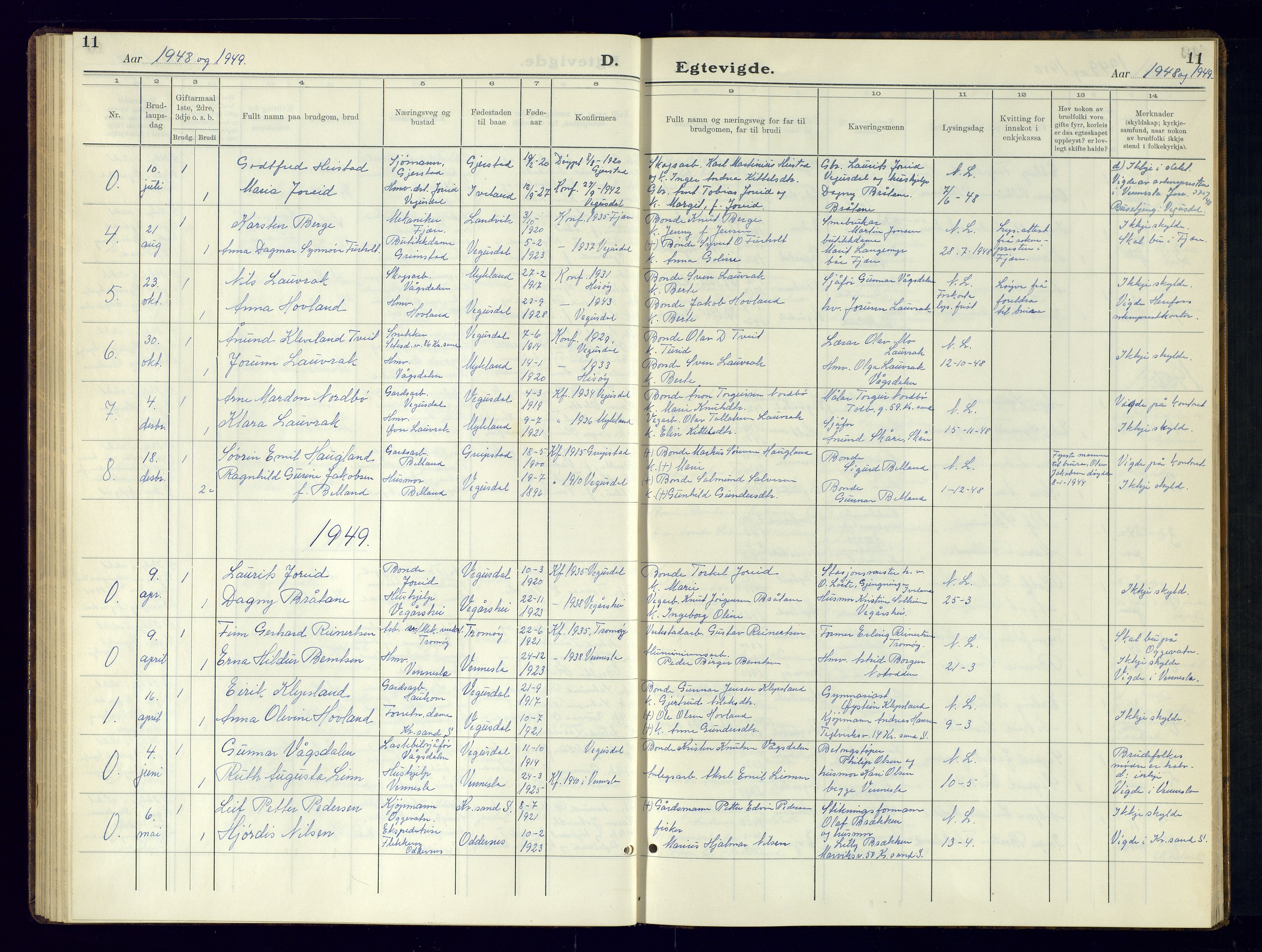 Herefoss sokneprestkontor, SAK/1111-0019/F/Fb/Fbb/L0005: Parish register (copy) no. B-5, 1933-1961, p. 11