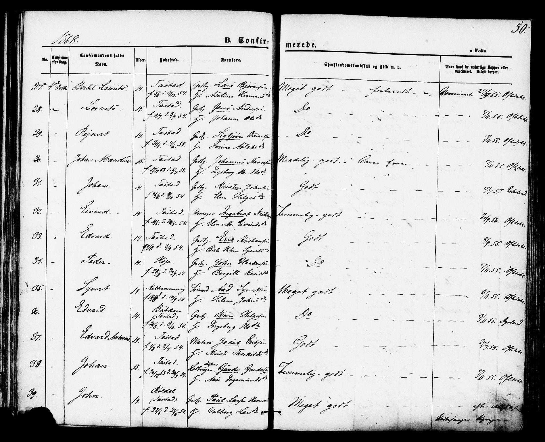 Hetland sokneprestkontor, SAST/A-101826/30/30BA/L0004: Parish register (official) no. A 4, 1862-1881, p. 50