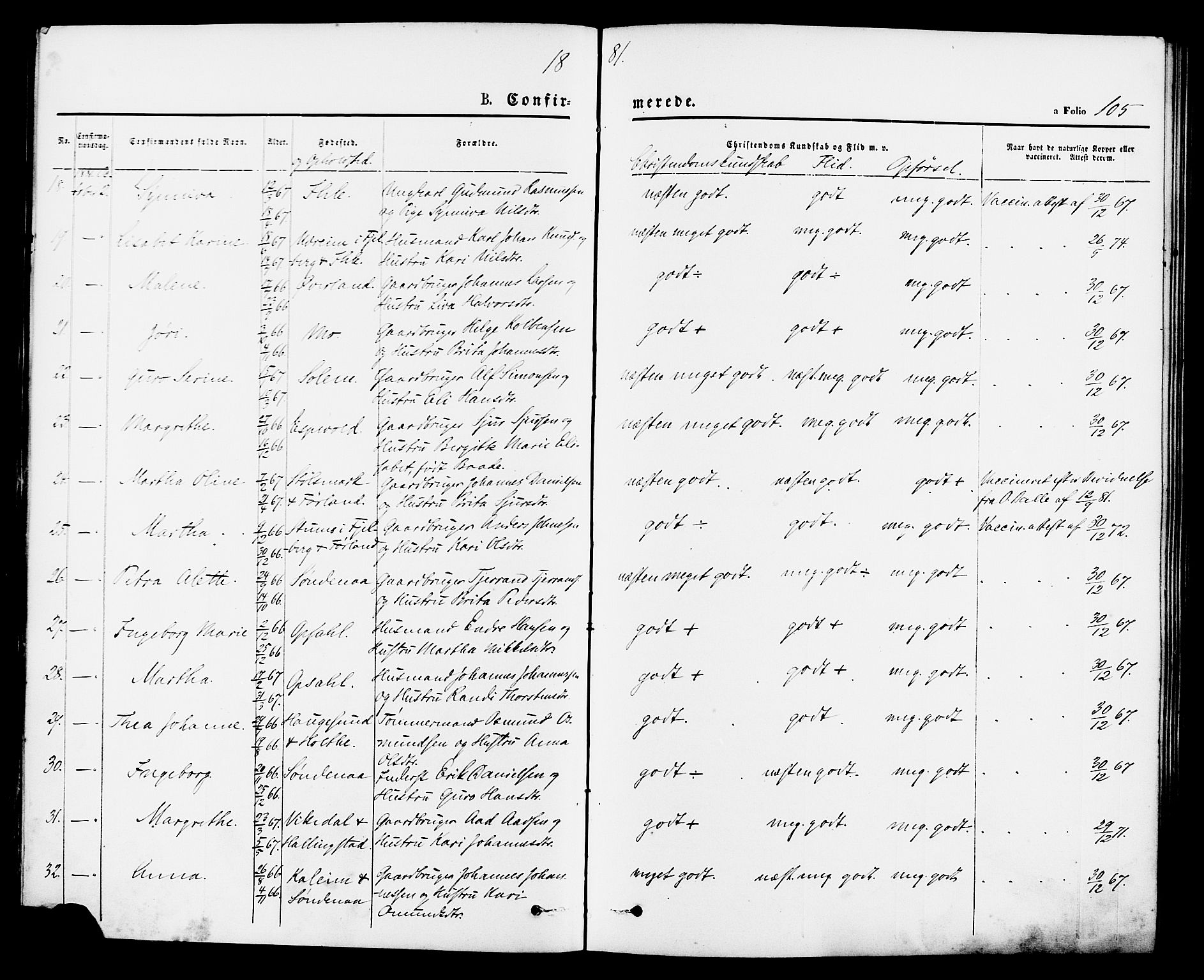 Vikedal sokneprestkontor, SAST/A-101840/01/IV: Parish register (official) no. A 7, 1868-1883, p. 105