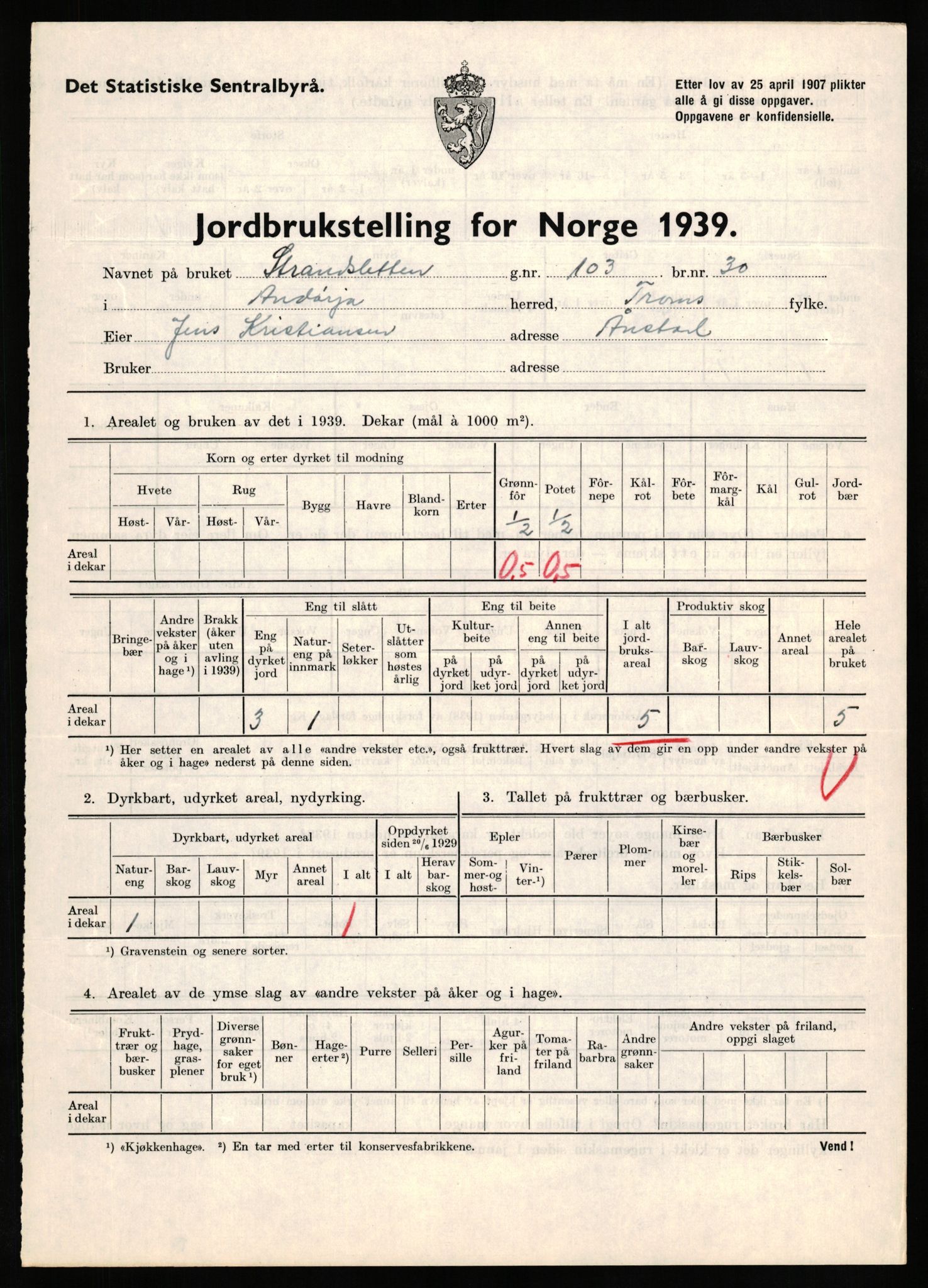 Statistisk sentralbyrå, Næringsøkonomiske emner, Jordbruk, skogbruk, jakt, fiske og fangst, AV/RA-S-2234/G/Gb/L0339: Troms: Andørja, Astafjord og Lavangen, 1939, p. 416