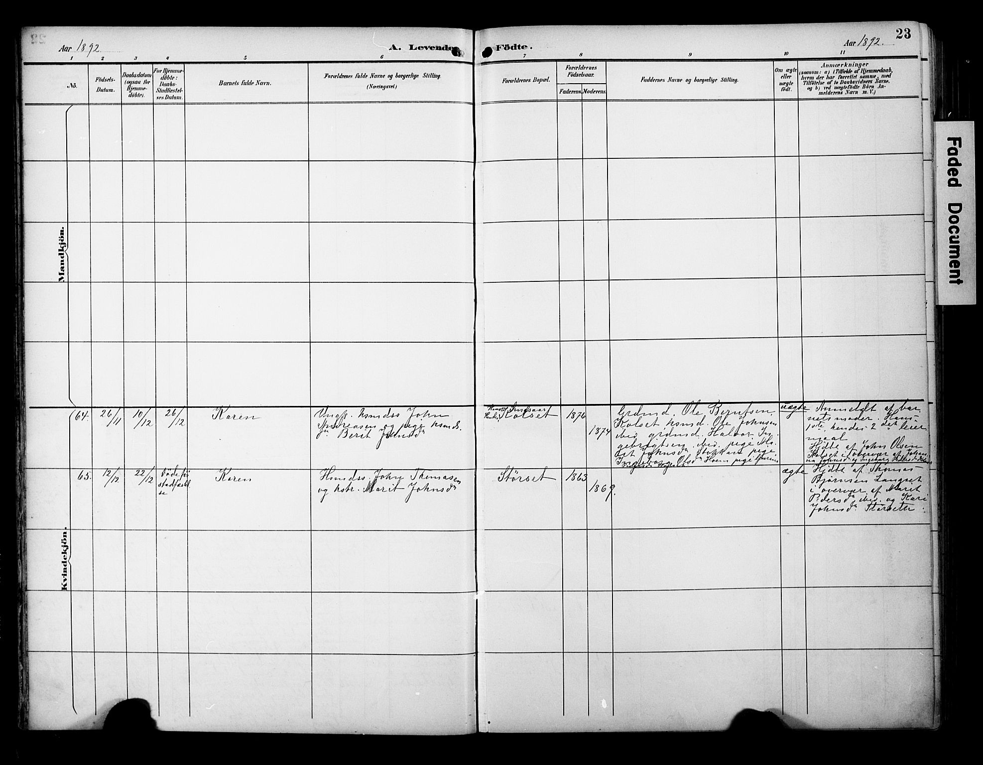 Ministerialprotokoller, klokkerbøker og fødselsregistre - Sør-Trøndelag, AV/SAT-A-1456/695/L1149: Parish register (official) no. 695A09, 1891-1902, p. 23