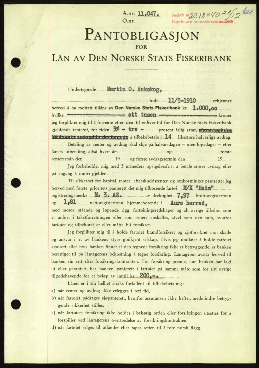 Nordmøre sorenskriveri, AV/SAT-A-4132/1/2/2Ca: Mortgage book no. B87, 1940-1941, Diary no: : 2318/1940