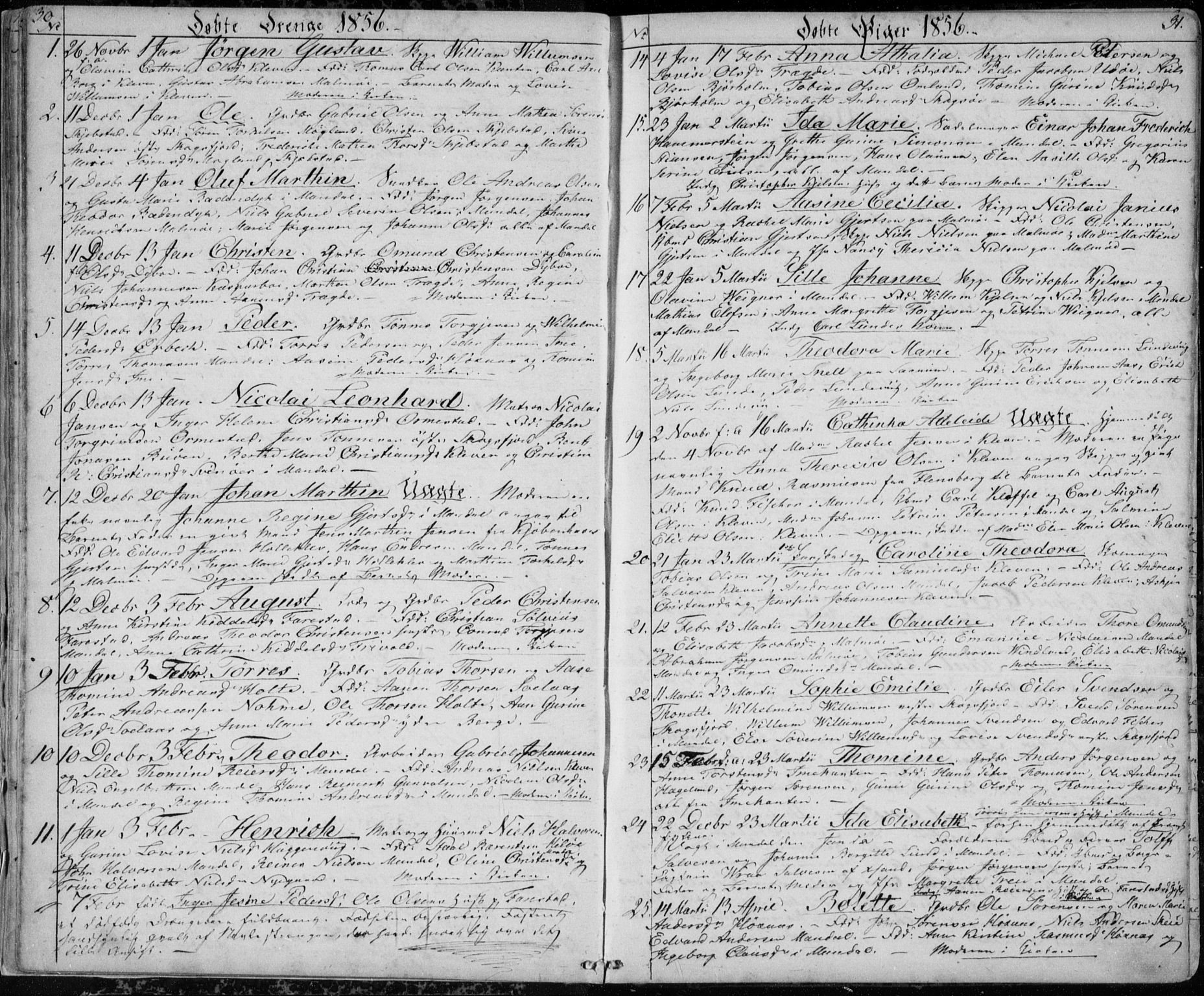 Mandal sokneprestkontor, SAK/1111-0030/F/Fb/Fba/L0008: Parish register (copy) no. B 2, 1854-1868, p. 30-31