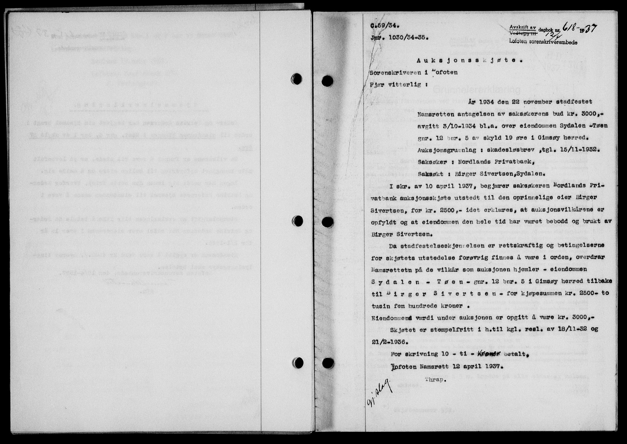 Lofoten sorenskriveri, SAT/A-0017/1/2/2C/L0002a: Mortgage book no. 2a, 1937-1937, Diary no: : 618/1937