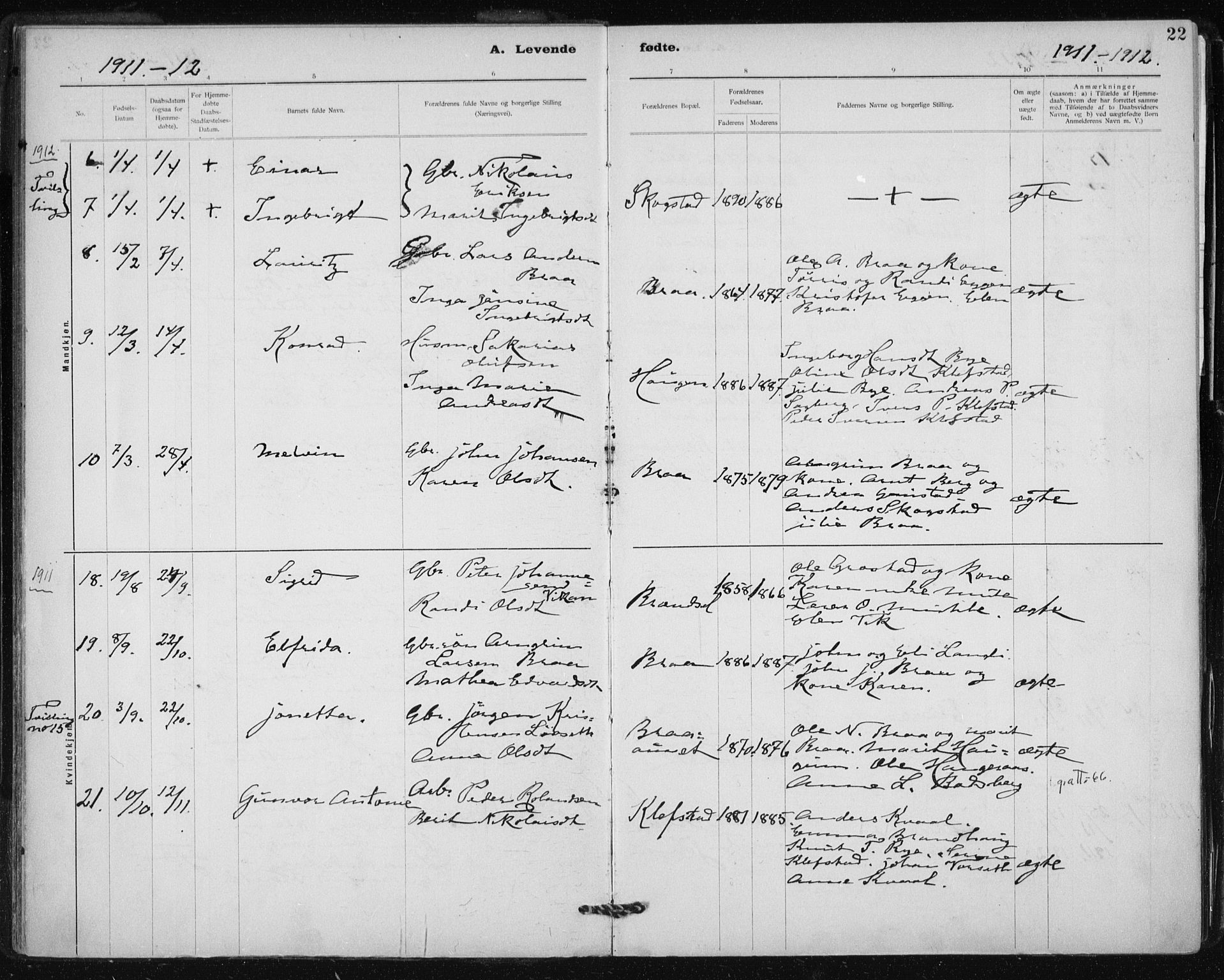 Ministerialprotokoller, klokkerbøker og fødselsregistre - Sør-Trøndelag, SAT/A-1456/612/L0381: Parish register (official) no. 612A13, 1907-1923, p. 22