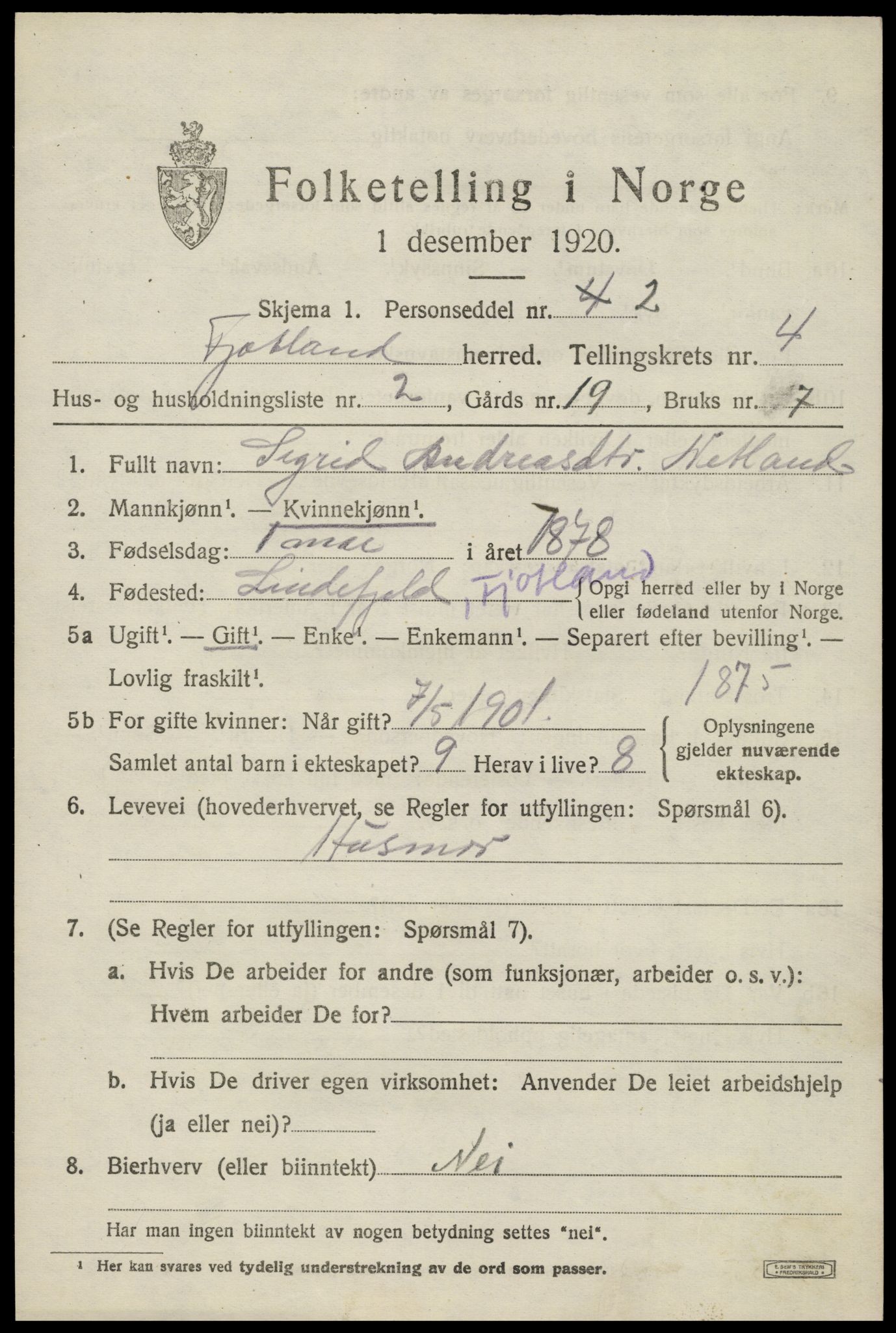 SAK, 1920 census for Fjotland, 1920, p. 1196