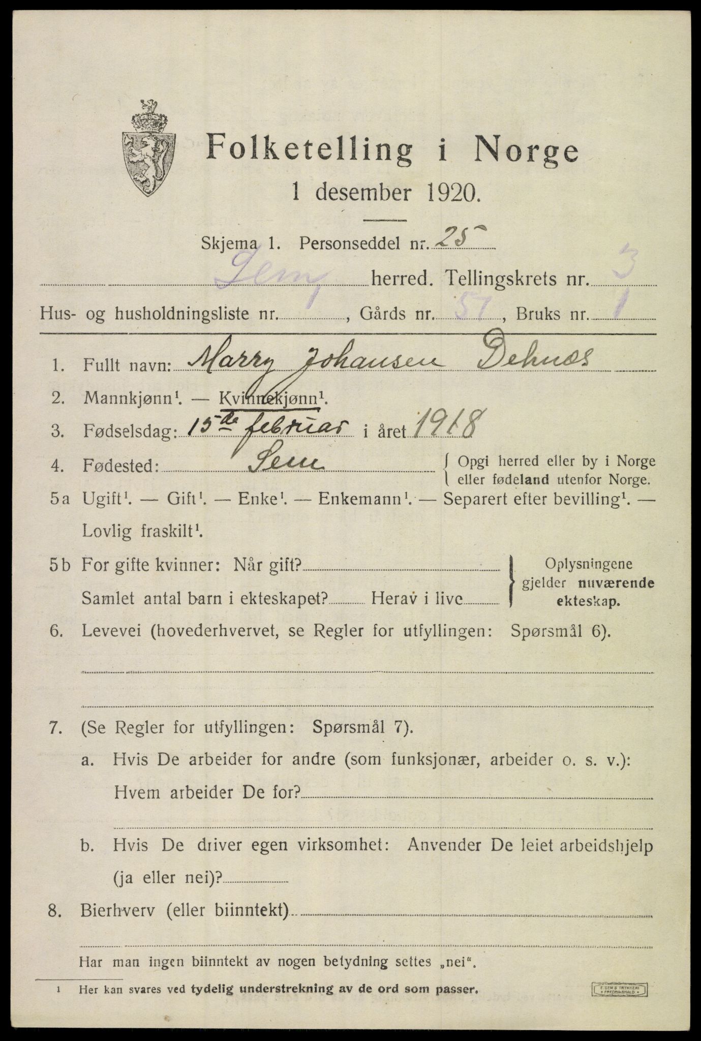 SAKO, 1920 census for Sem, 1920, p. 6361