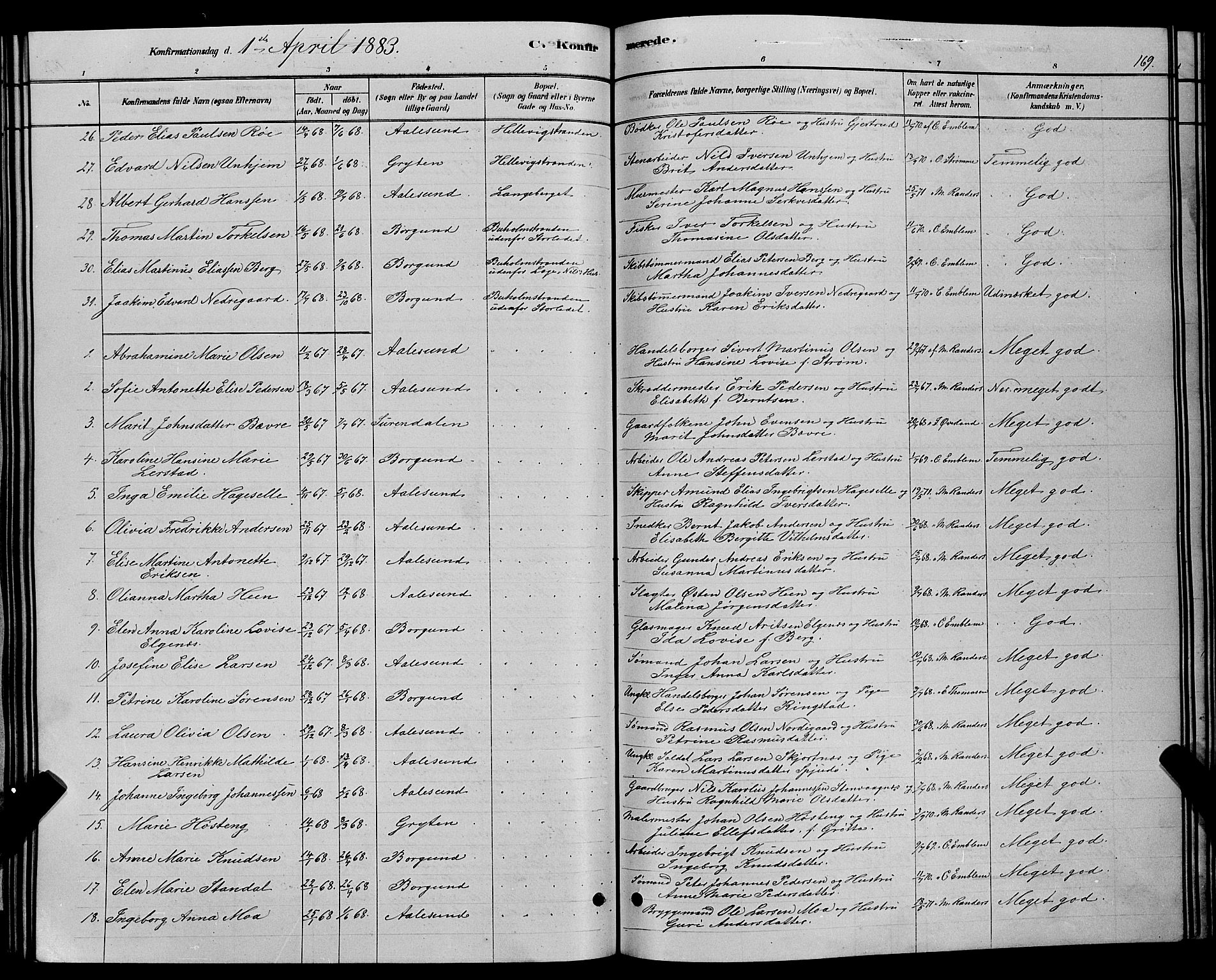 Ministerialprotokoller, klokkerbøker og fødselsregistre - Møre og Romsdal, AV/SAT-A-1454/529/L0466: Parish register (copy) no. 529C03, 1878-1888, p. 169