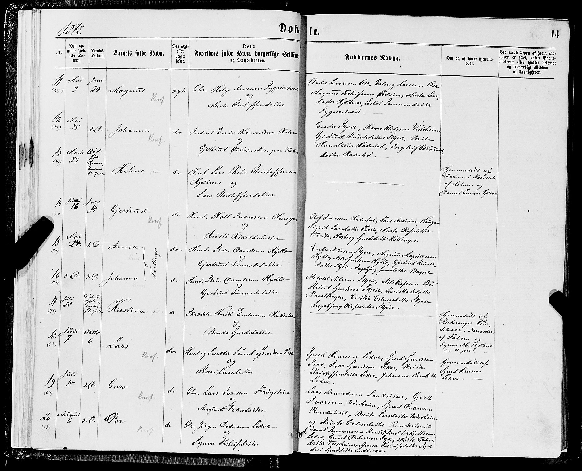 Ulvik sokneprestembete, SAB/A-78801/H/Hab: Parish register (copy) no. A 2, 1869-1882, p. 14