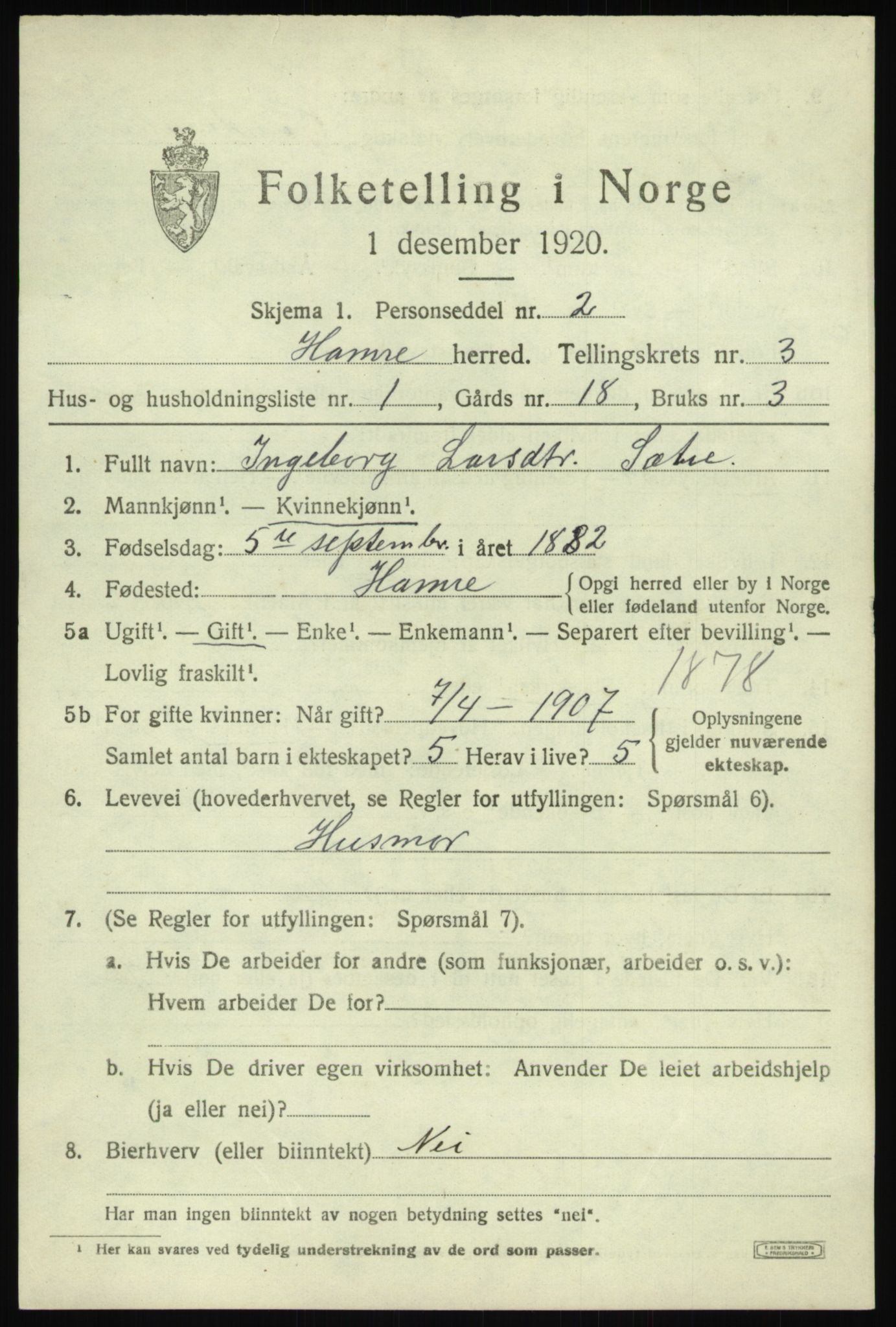 SAB, 1920 census for Hamre, 1920, p. 1697