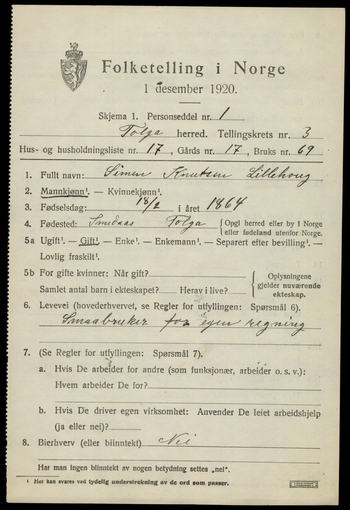 SAH, 1920 census for Tolga, 1920, p. 2385