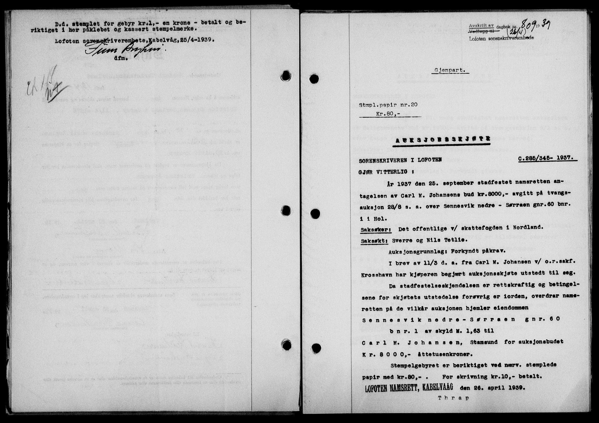 Lofoten sorenskriveri, SAT/A-0017/1/2/2C/L0005a: Mortgage book no. 5a, 1939-1939, Diary no: : 809/1939