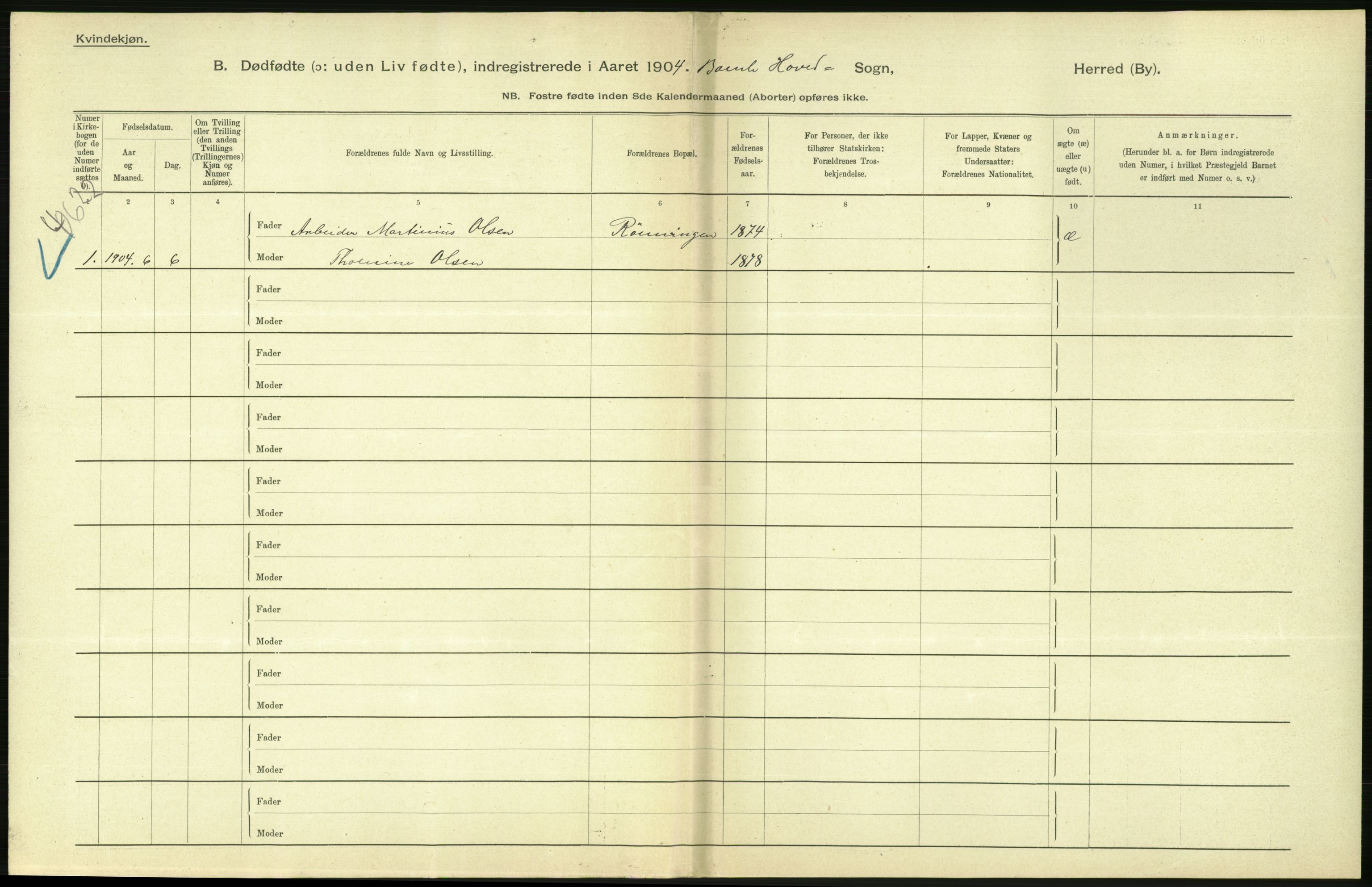 Statistisk sentralbyrå, Sosiodemografiske emner, Befolkning, RA/S-2228/D/Df/Dfa/Dfab/L0025: Smålenenes amt - Stavanger amt: Dødfødte. Bygder., 1904, p. 378