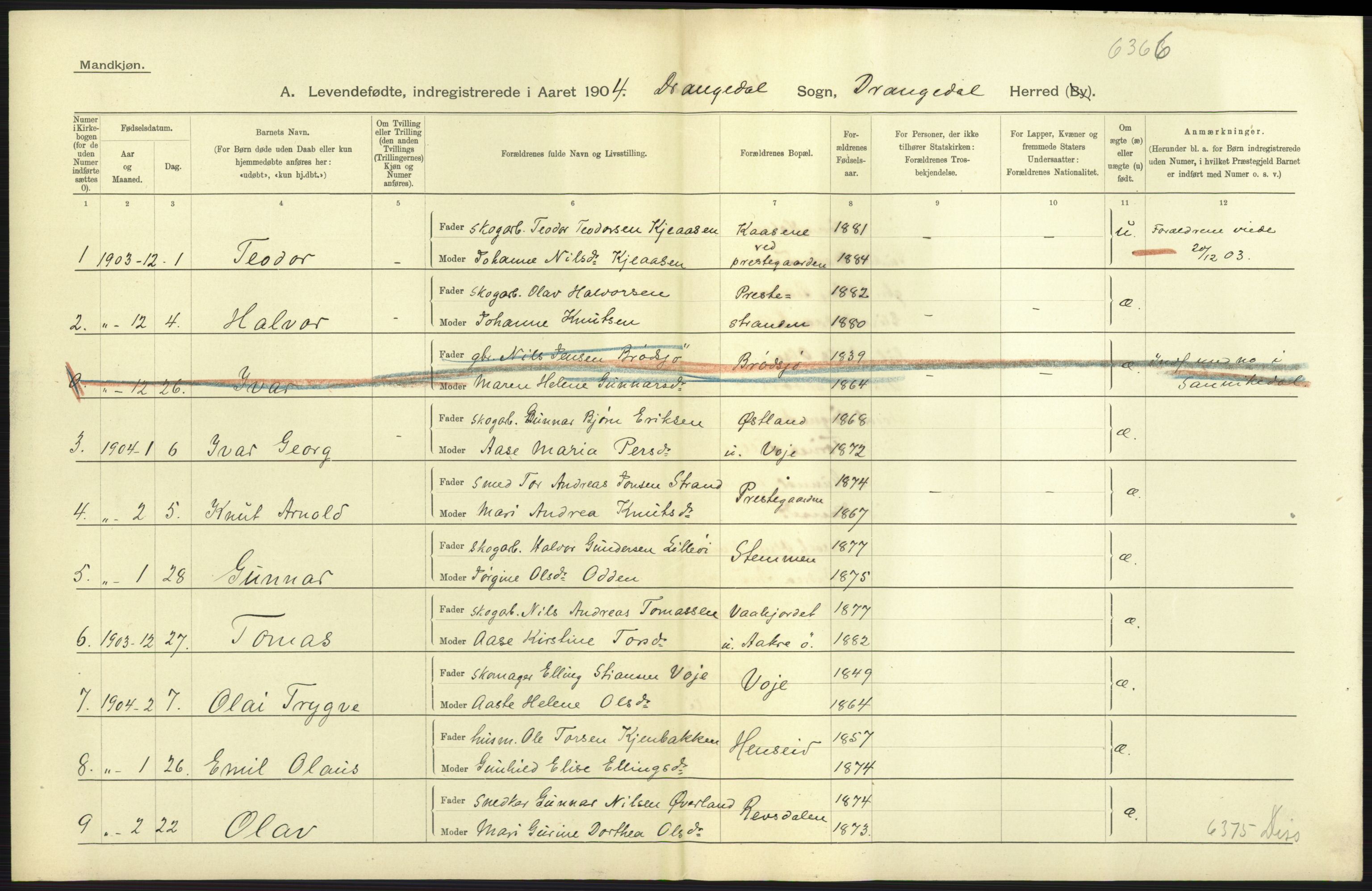 Statistisk sentralbyrå, Sosiodemografiske emner, Befolkning, AV/RA-S-2228/D/Df/Dfa/Dfab/L0009: Bratsberg amt: Fødte, gifte, døde, 1904, p. 21