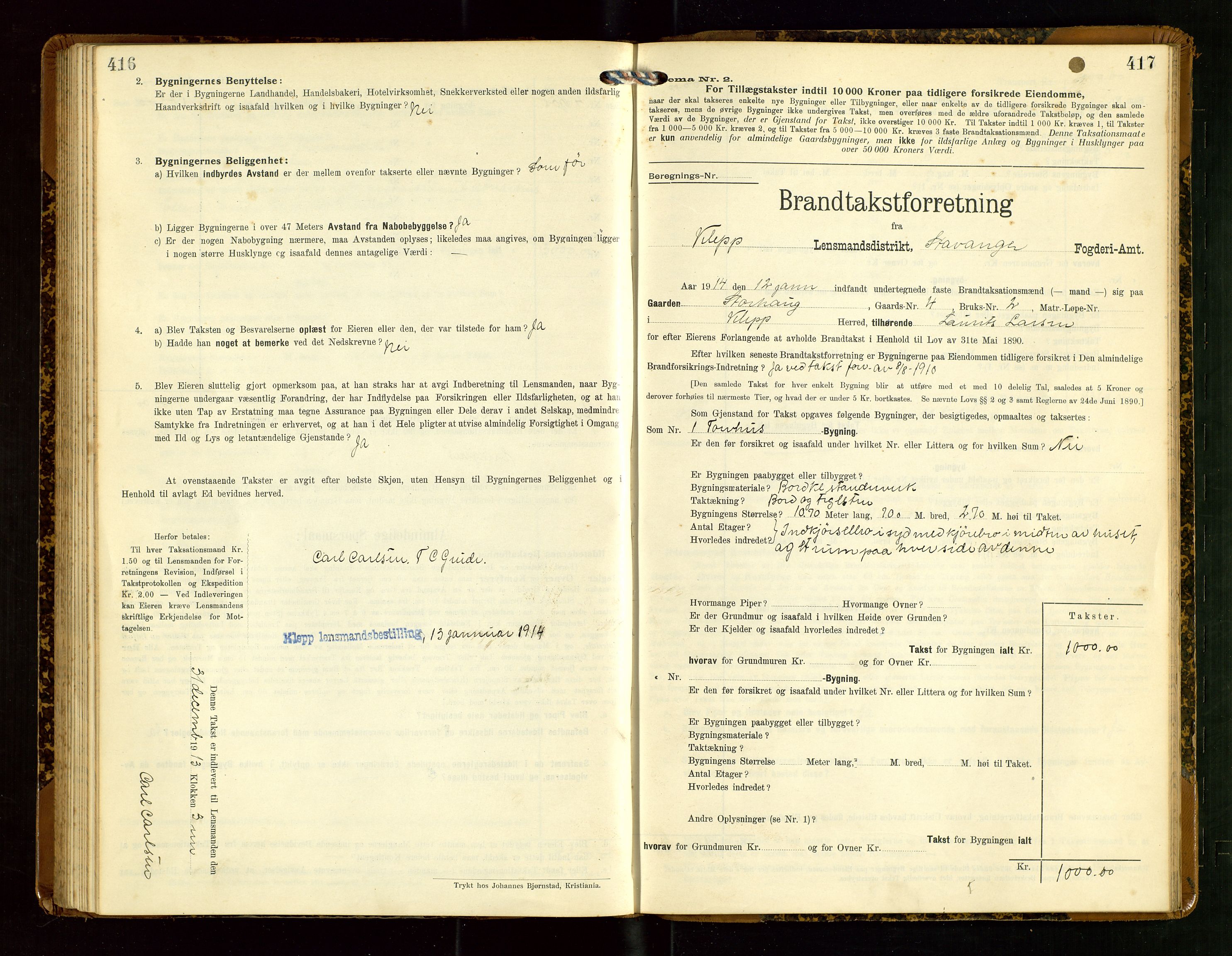 Klepp lensmannskontor, SAST/A-100163/Goc/L0007: "Brandtaxationsprotokol" m/register, 1911-1915, p. 416-417