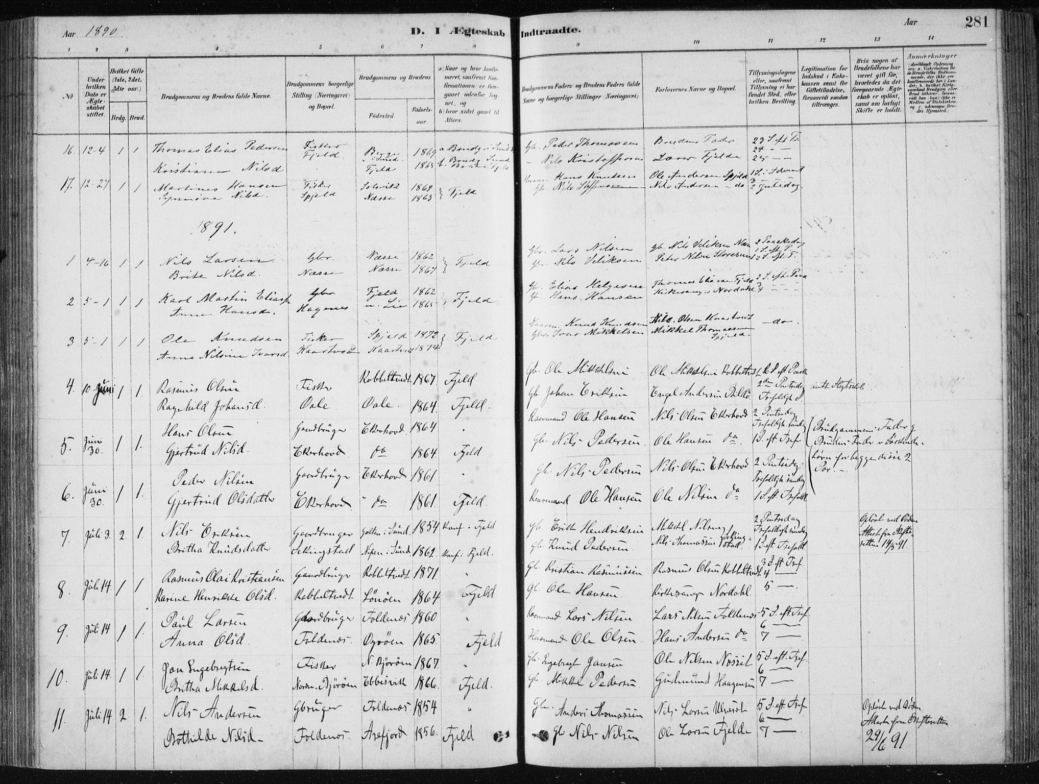 Fjell sokneprestembete, SAB/A-75301/H/Haa: Parish register (official) no. A  8, 1878-1898, p. 281