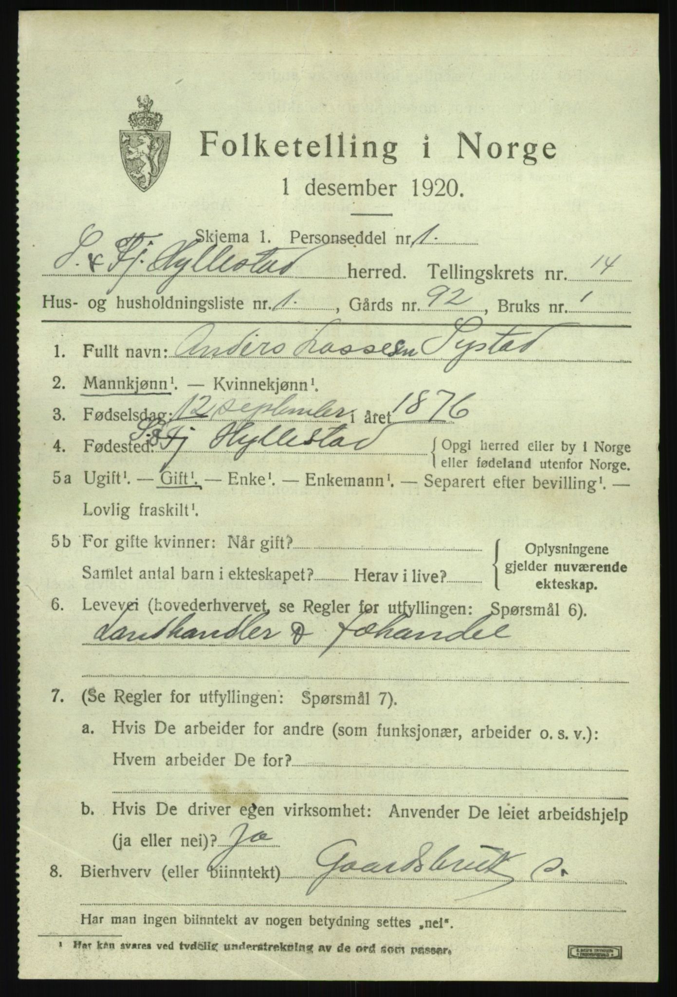 SAB, 1920 census for Hyllestad, 1920, p. 5094