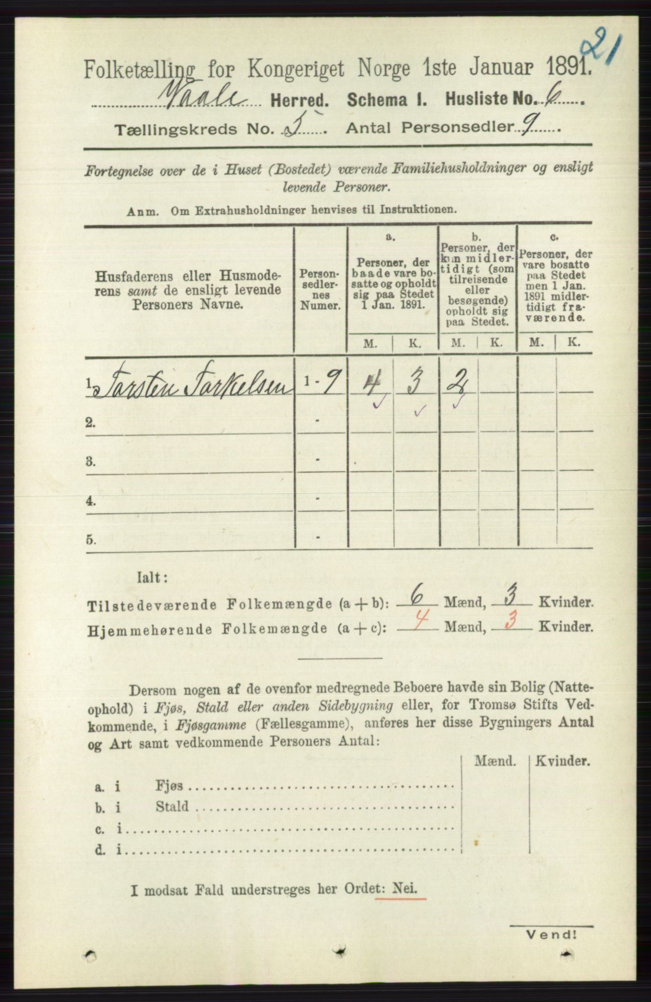 RA, 1891 census for 0716 Våle, 1891, p. 1305