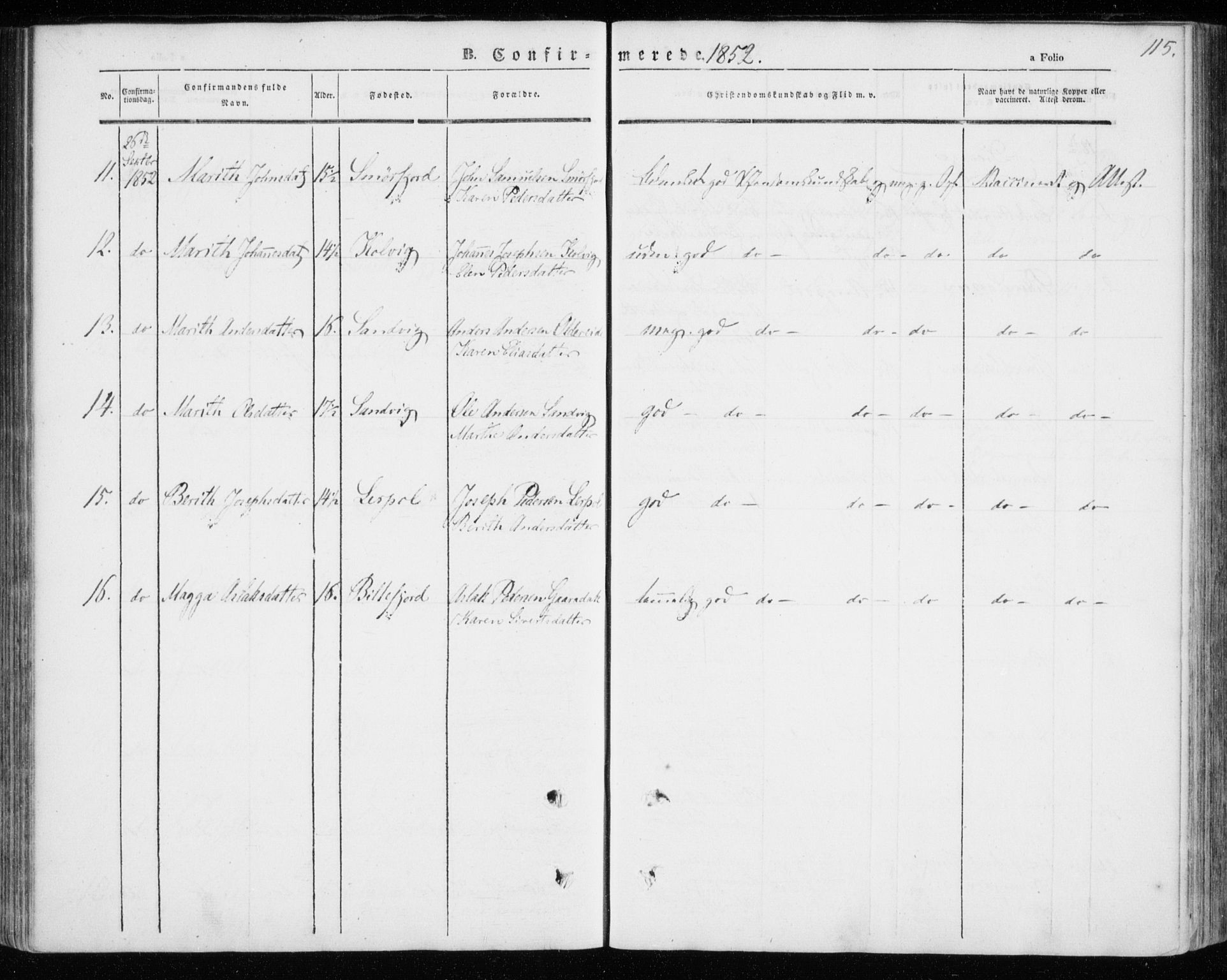 Kistrand/Porsanger sokneprestembete, AV/SATØ-S-1351/H/Ha/L0004.kirke: Parish register (official) no. 4, 1843-1860, p. 115