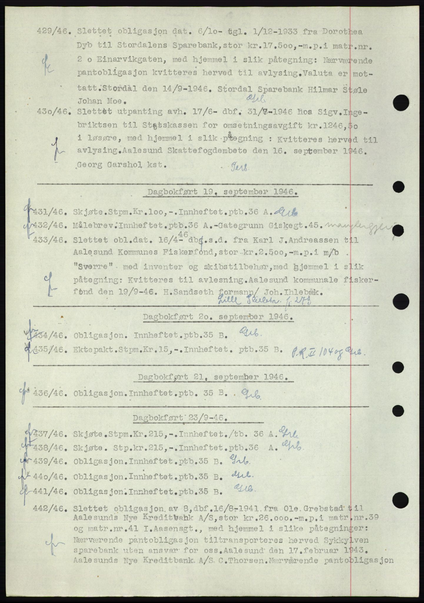 Ålesund byfogd, AV/SAT-A-4384: Mortgage book no. C34-35, 1946-1950, Diary no: : 429/1946