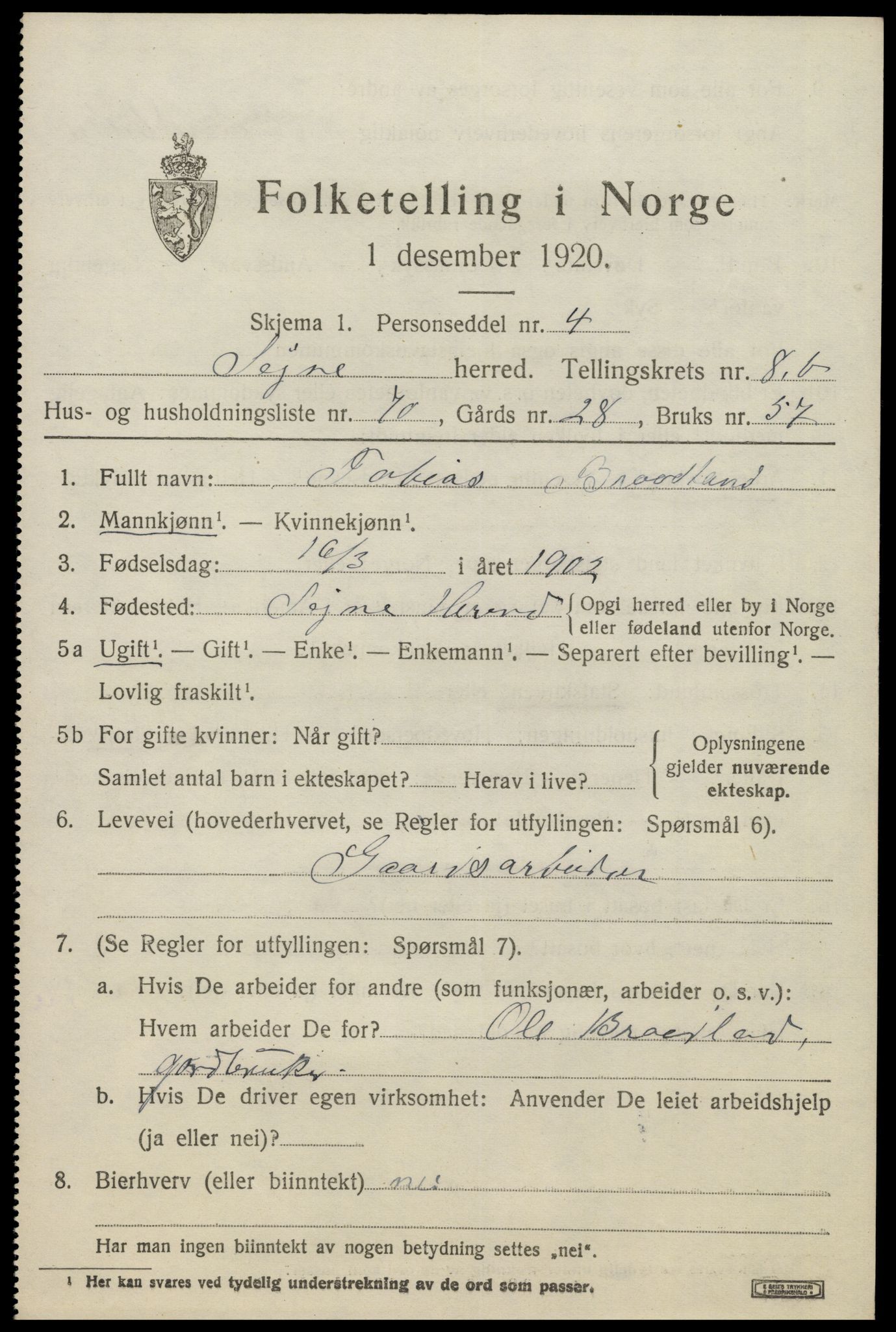 SAK, 1920 census for Søgne, 1920, p. 5281