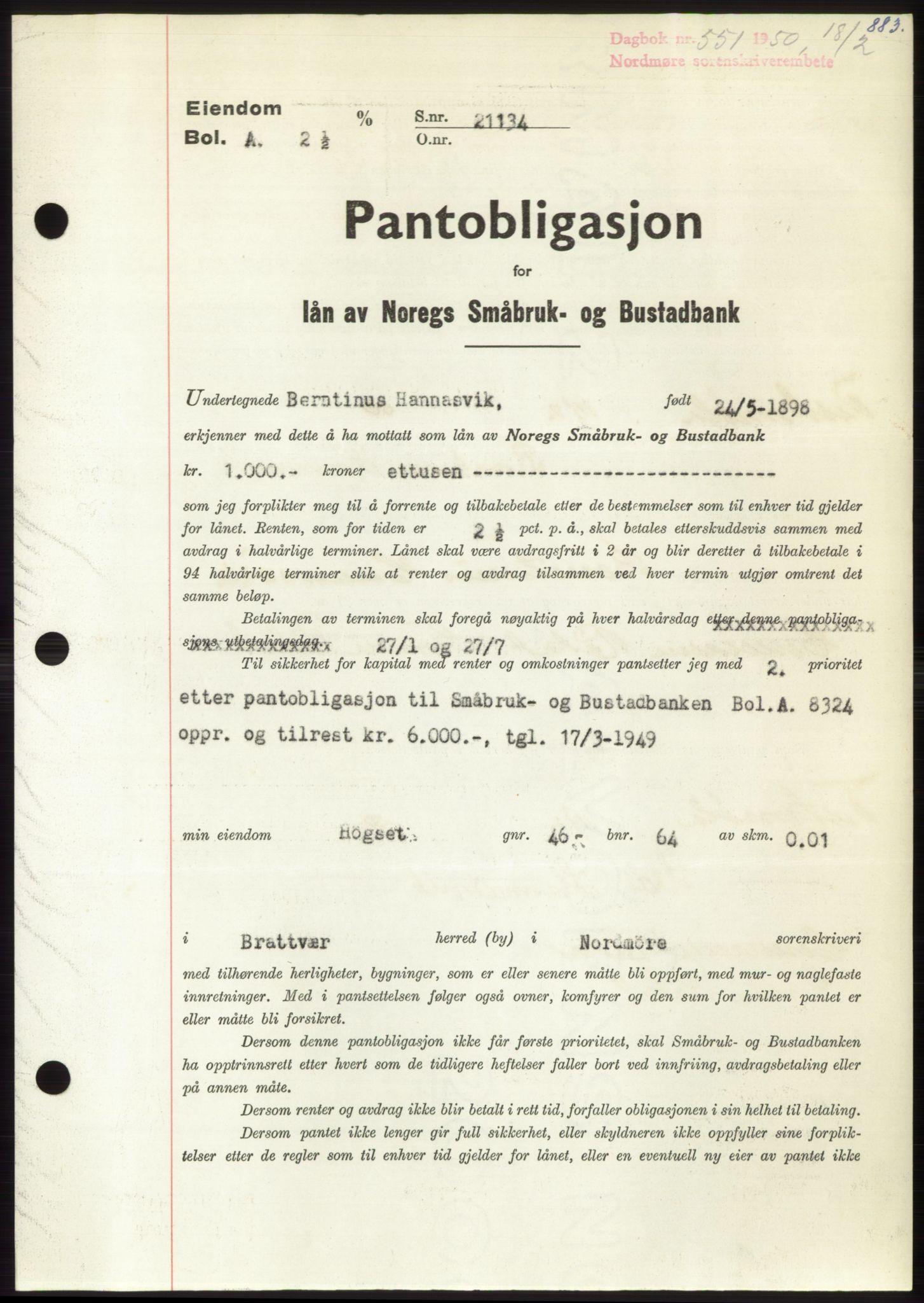 Nordmøre sorenskriveri, AV/SAT-A-4132/1/2/2Ca: Mortgage book no. B103, 1949-1950, Diary no: : 551/1950