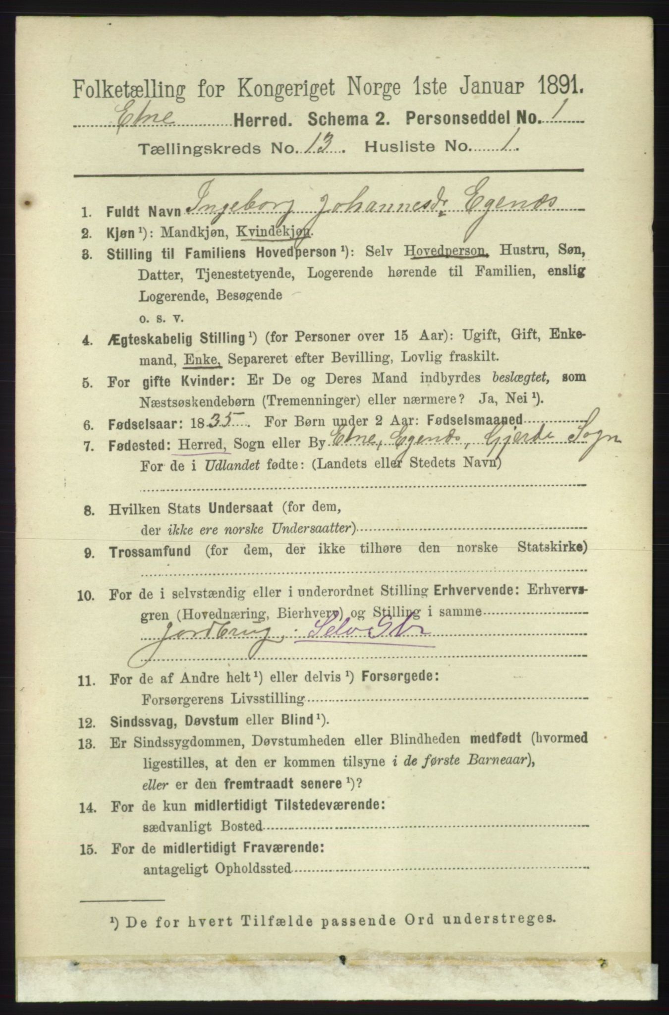 RA, 1891 census for 1211 Etne, 1891, p. 2740