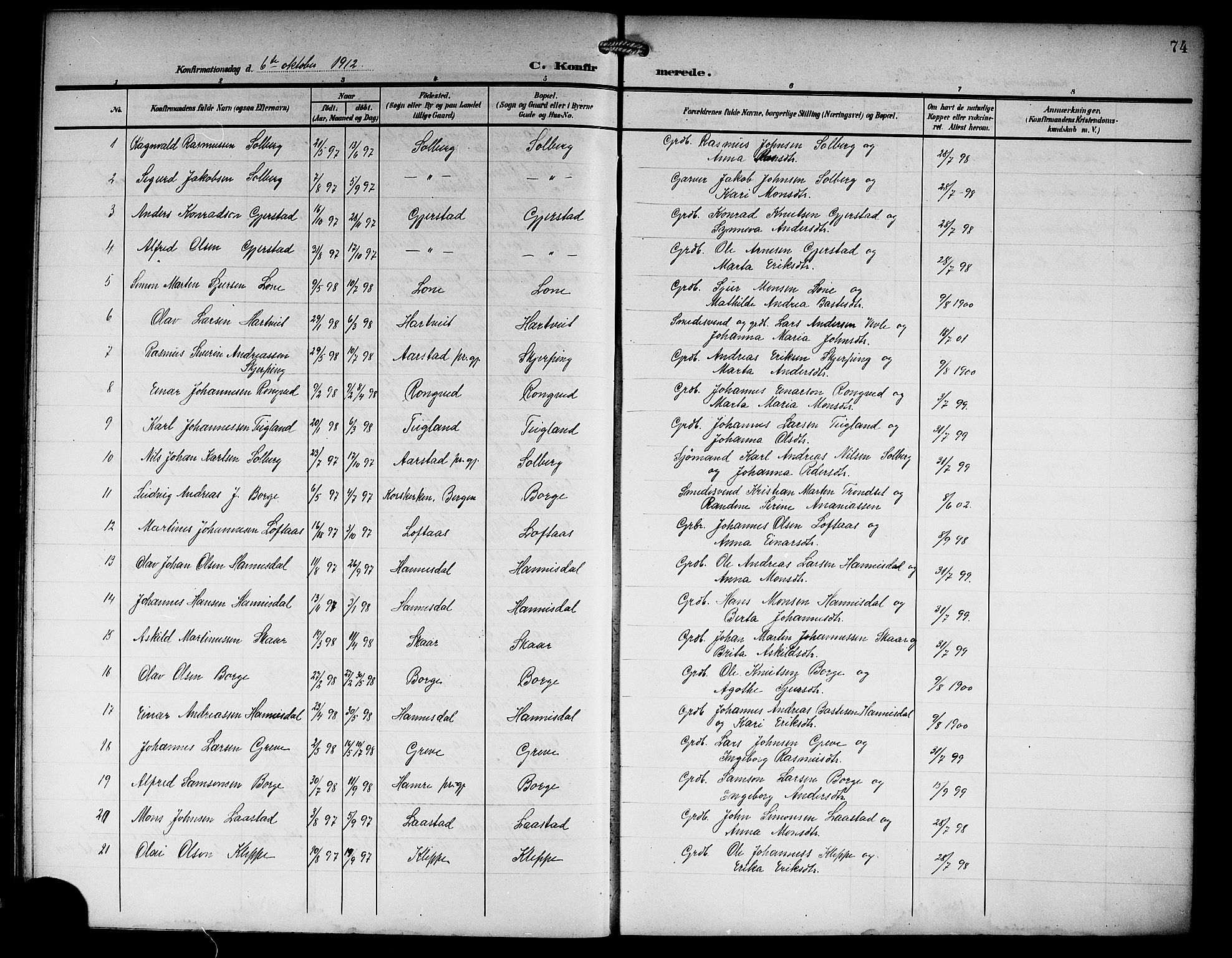 Haus sokneprestembete, AV/SAB-A-75601/H/Hab: Parish register (copy) no. C 4, 1907-1922, p. 74