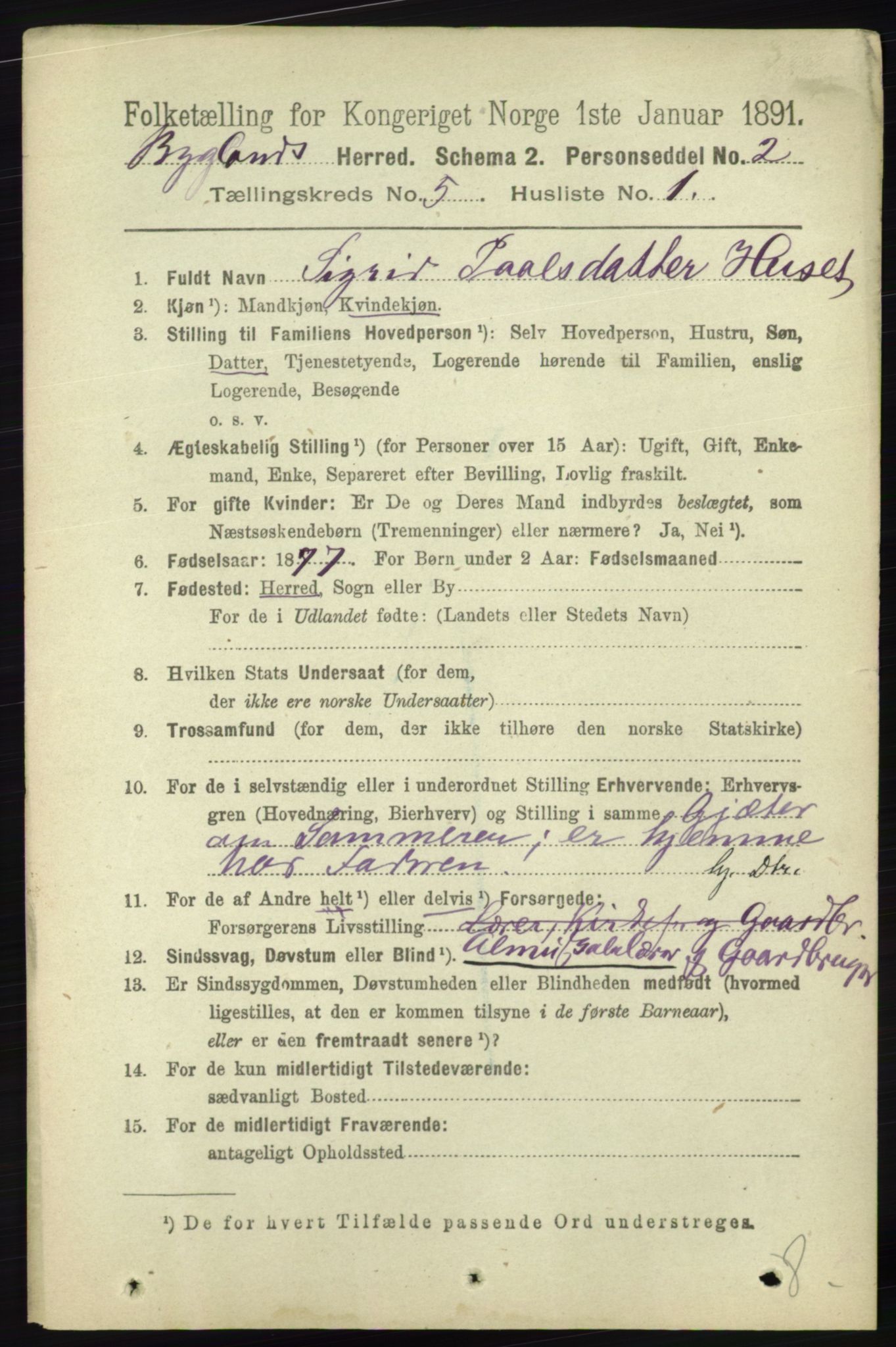 RA, 1891 census for 0938 Bygland, 1891, p. 1051