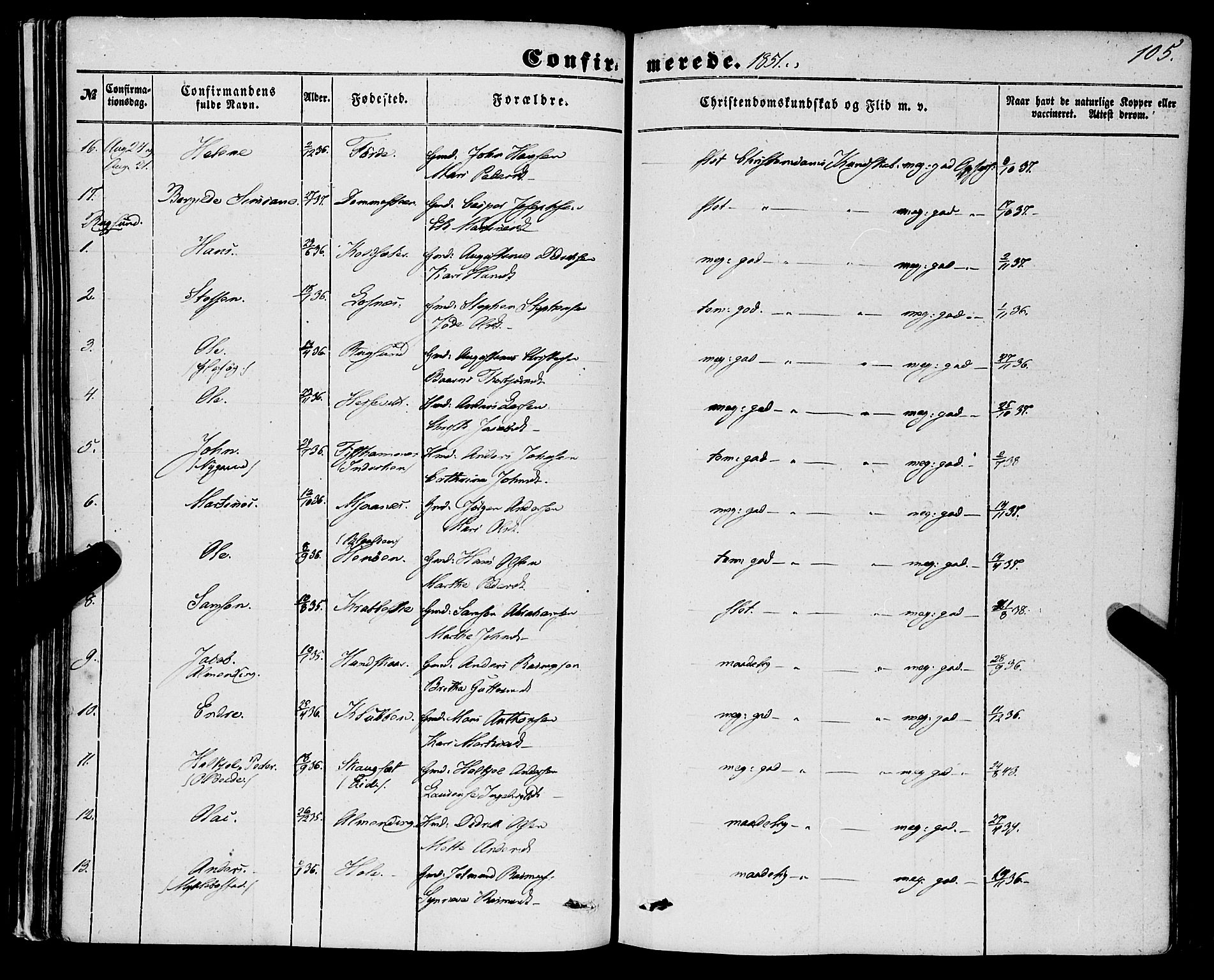 Davik sokneprestembete, AV/SAB-A-79701/H/Haa/Haaa/L0005: Parish register (official) no. A 5, 1850-1866, p. 105