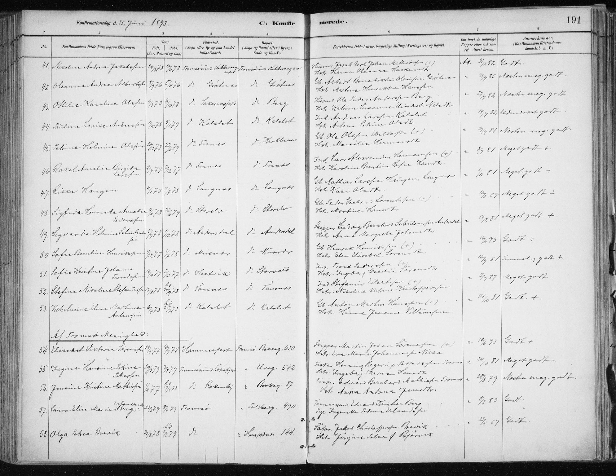 Tromsøysund sokneprestkontor, SATØ/S-1304/G/Ga/L0005kirke: Parish register (official) no. 5, 1888-1896, p. 191