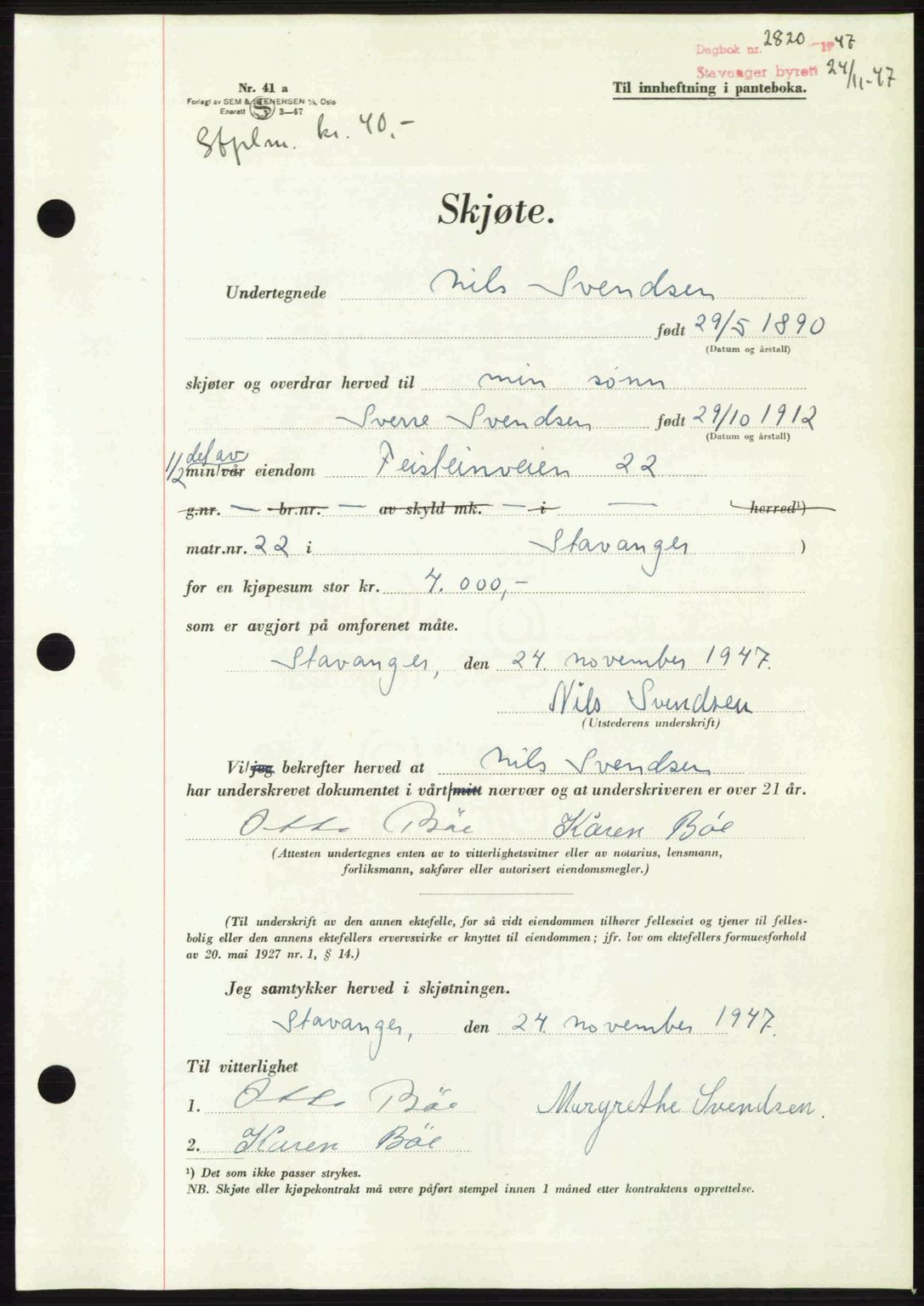 Stavanger byrett, SAST/A-100455/002/G/Gb/L0022: Mortgage book no. A11, 1947-1948, Diary no: : 2820/1947