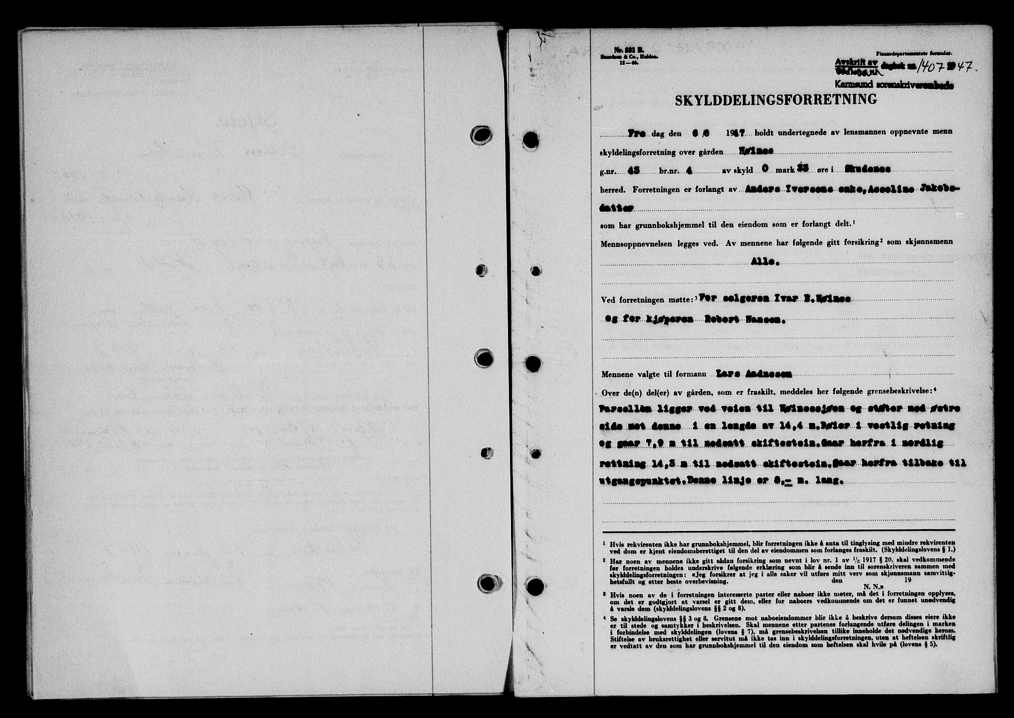 Karmsund sorenskriveri, SAST/A-100311/01/II/IIB/L0090: Mortgage book no. 70A, 1947-1947, Diary no: : 1407/1947