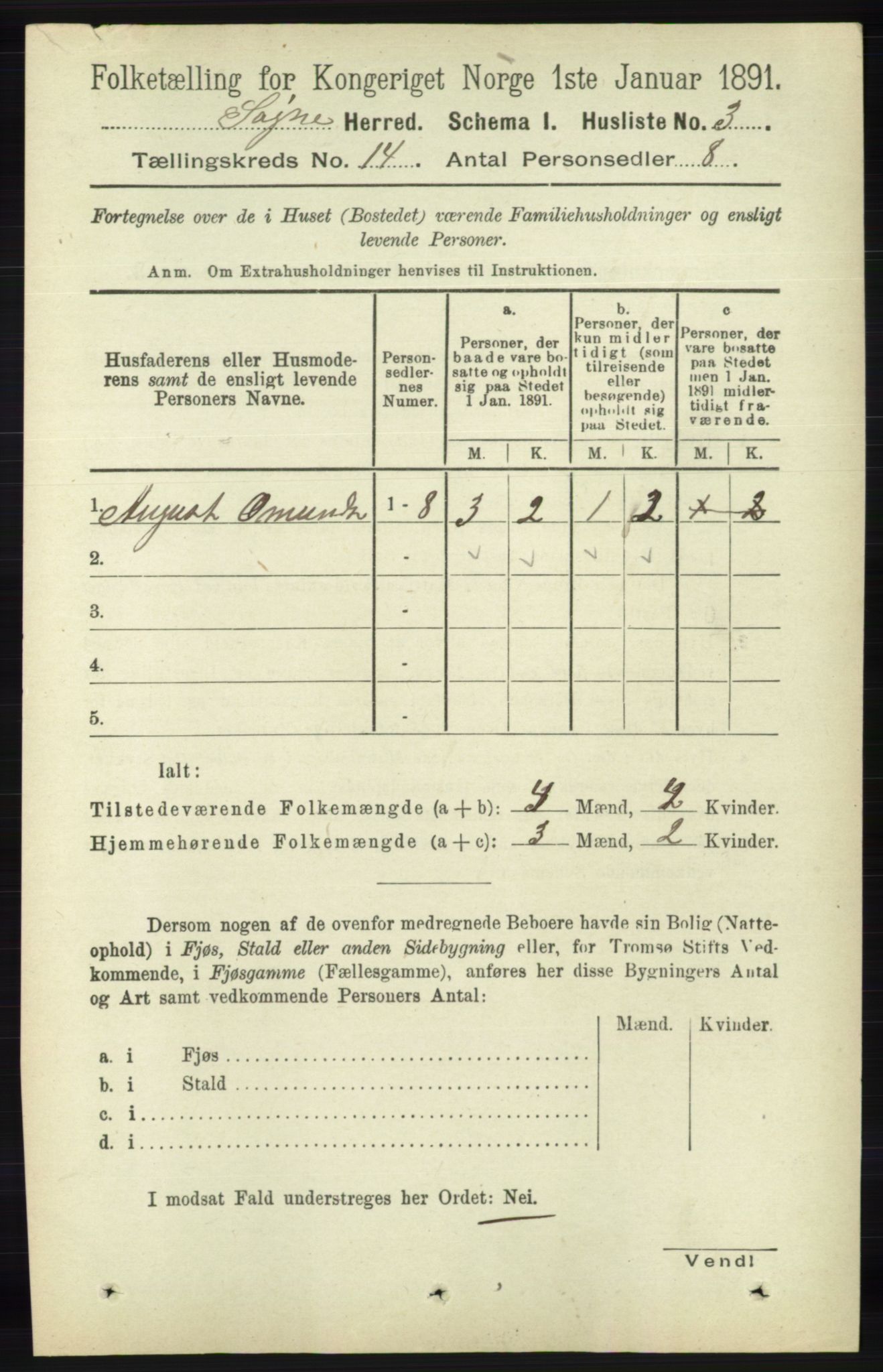 RA, 1891 census for 1018 Søgne, 1891, p. 3329