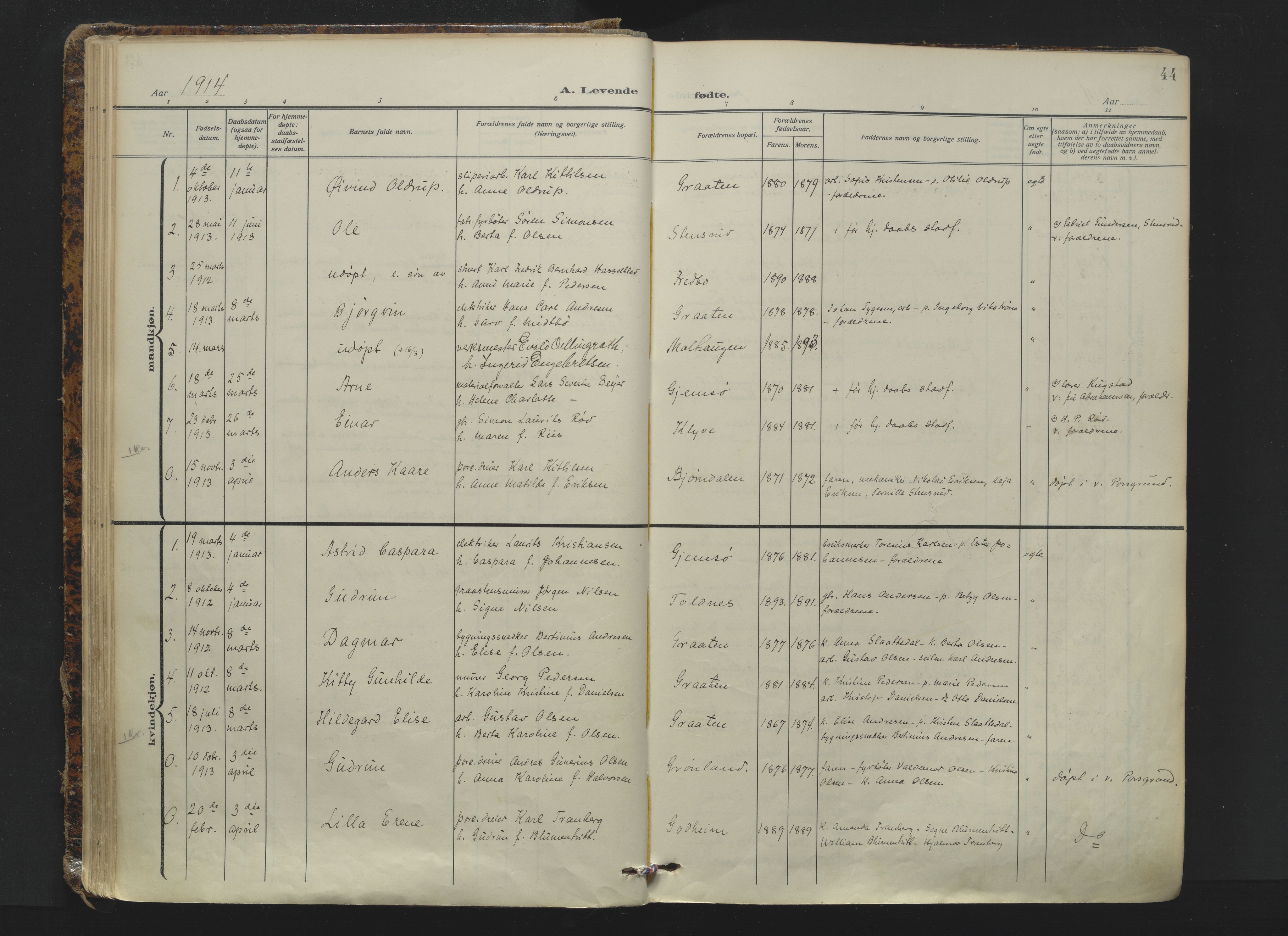 Solum kirkebøker, AV/SAKO-A-306/F/Fa/L0012: Parish register (official) no. I 12, 1909-1922, p. 44