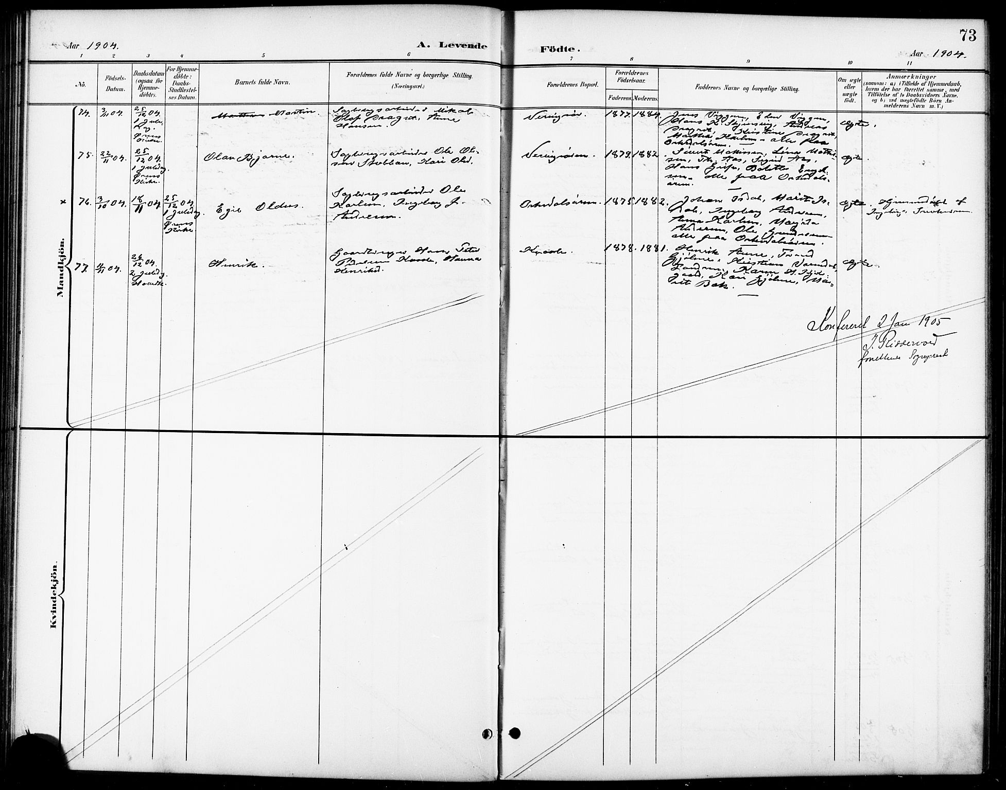 Ministerialprotokoller, klokkerbøker og fødselsregistre - Sør-Trøndelag, SAT/A-1456/668/L0819: Parish register (copy) no. 668C08, 1899-1912, p. 73