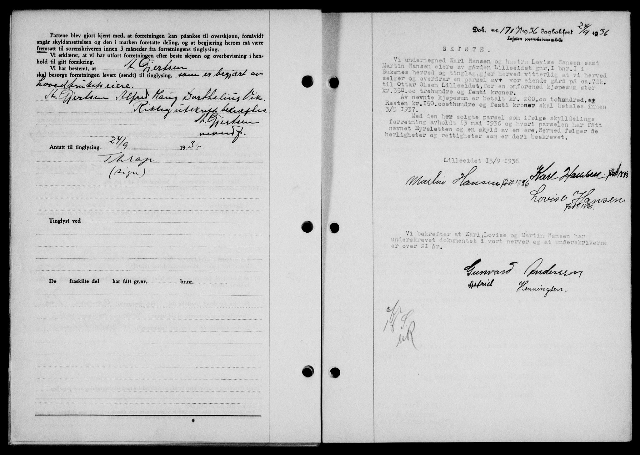 Lofoten sorenskriveri, SAT/A-0017/1/2/2C/L0001a: Mortgage book no. 1a, 1936-1937, Diary no: : 1717/1936