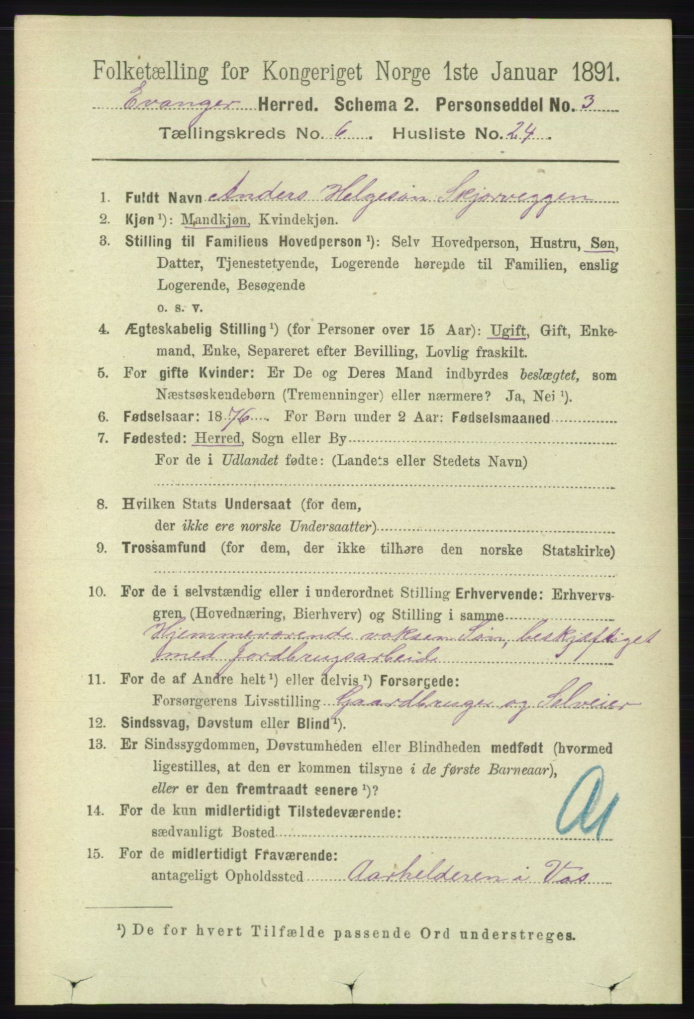 RA, 1891 census for 1237 Evanger, 1891, p. 1756