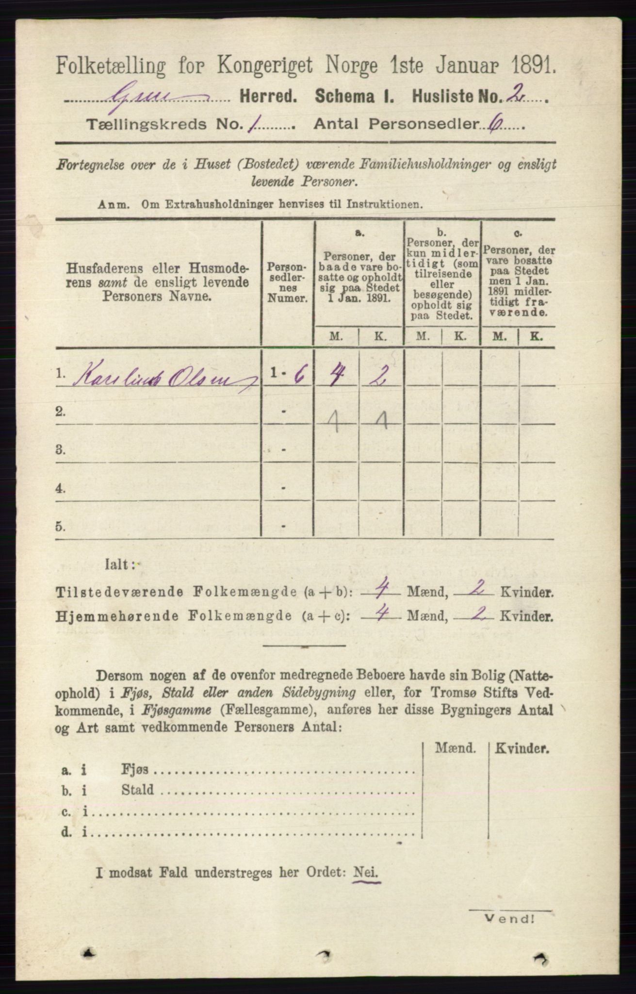 RA, 1891 census for 0423 Grue, 1891, p. 42