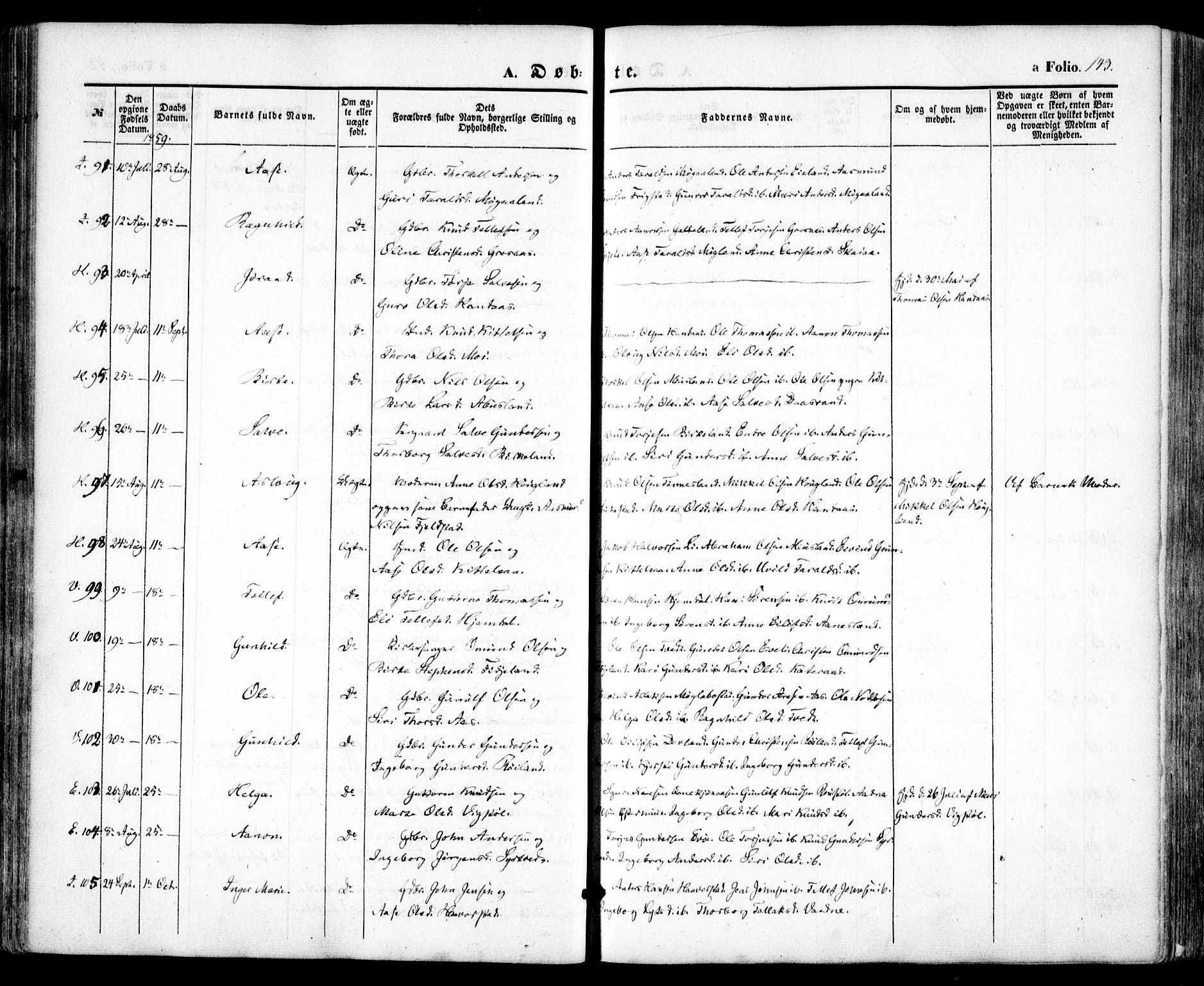 Evje sokneprestkontor, AV/SAK-1111-0008/F/Fa/Faa/L0005: Parish register (official) no. A 5, 1843-1865, p. 143