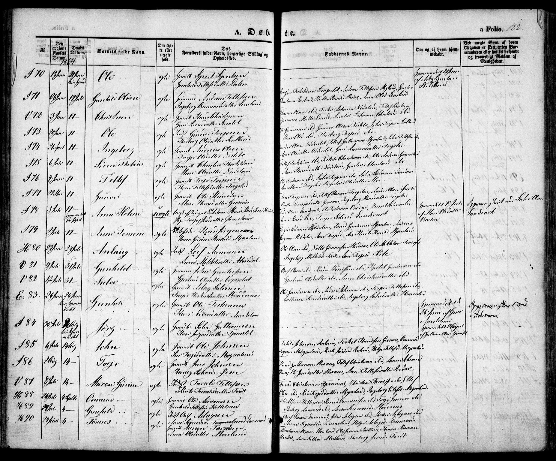 Evje sokneprestkontor, SAK/1111-0008/F/Fa/Faa/L0005: Parish register (official) no. A 5, 1843-1865, p. 182