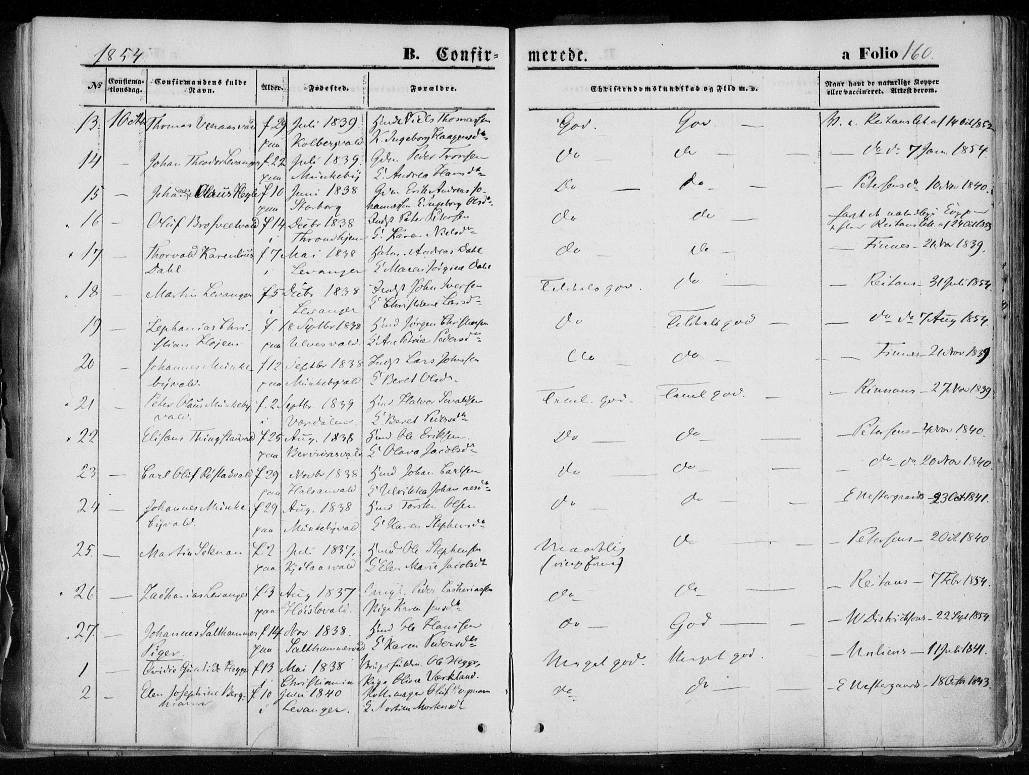 Ministerialprotokoller, klokkerbøker og fødselsregistre - Nord-Trøndelag, AV/SAT-A-1458/720/L0183: Parish register (official) no. 720A01, 1836-1855, p. 160