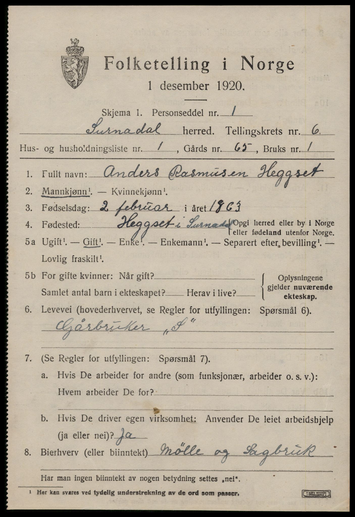 SAT, 1920 census for Surnadal, 1920, p. 4295