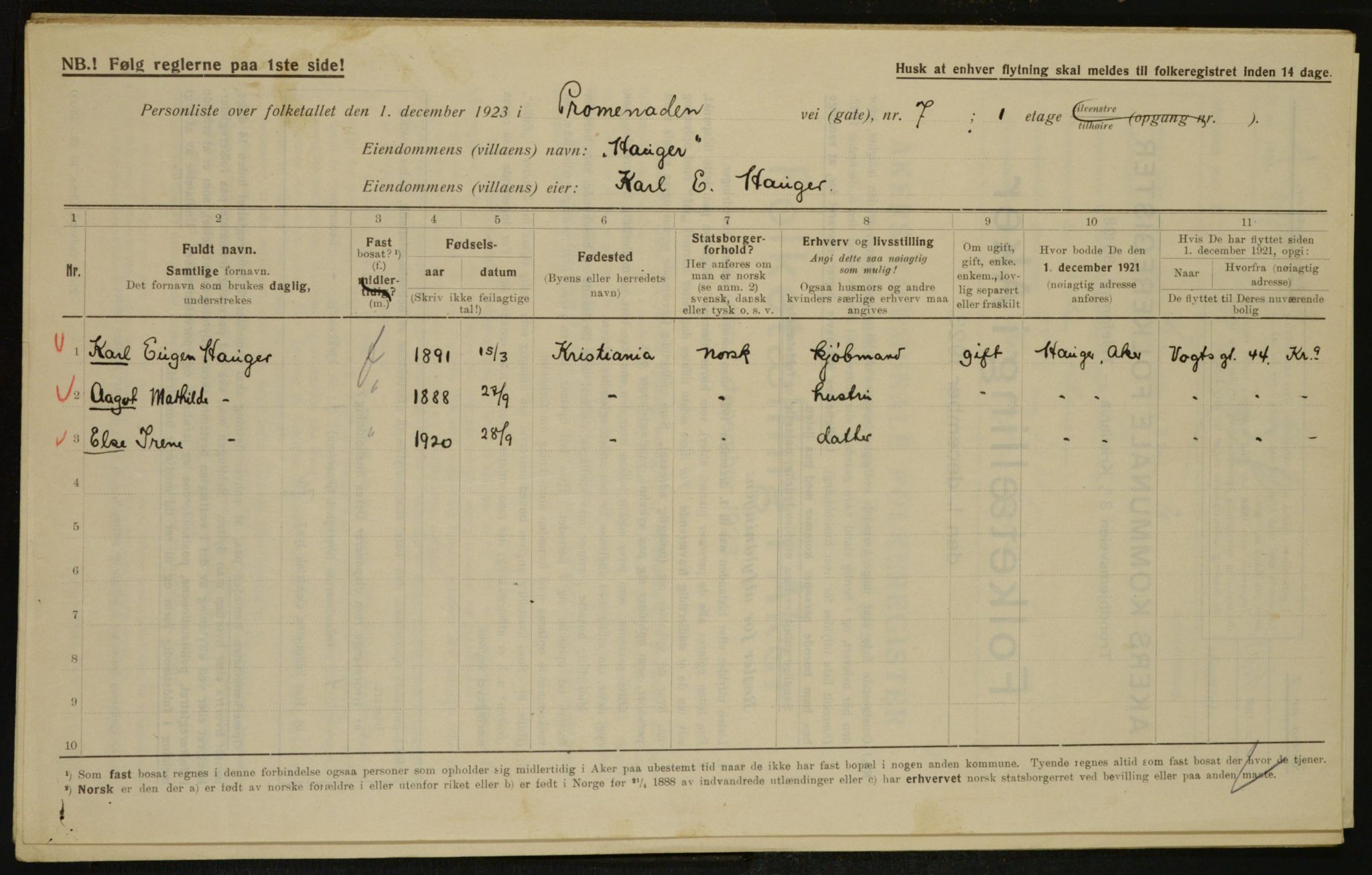 , Municipal Census 1923 for Aker, 1923, p. 29542