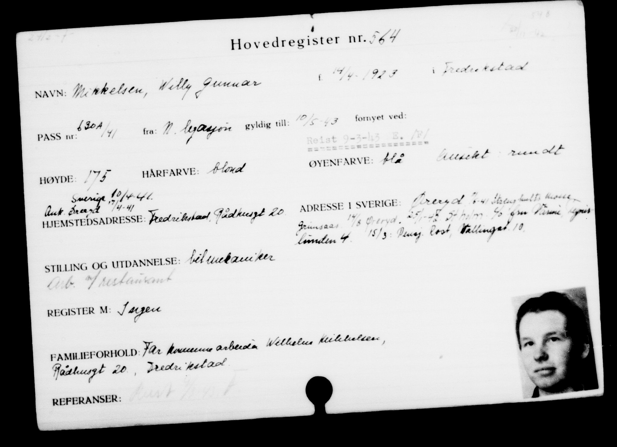 Utenriksstasjonene, Legasjonen i Stockholm, Flyktningkontoret, AV/RA-S-6753/V/Va/L0001: Kjesäterkartoteket, flyktninger med registreringsnr. 1-1000, 1940-1945, p. 876