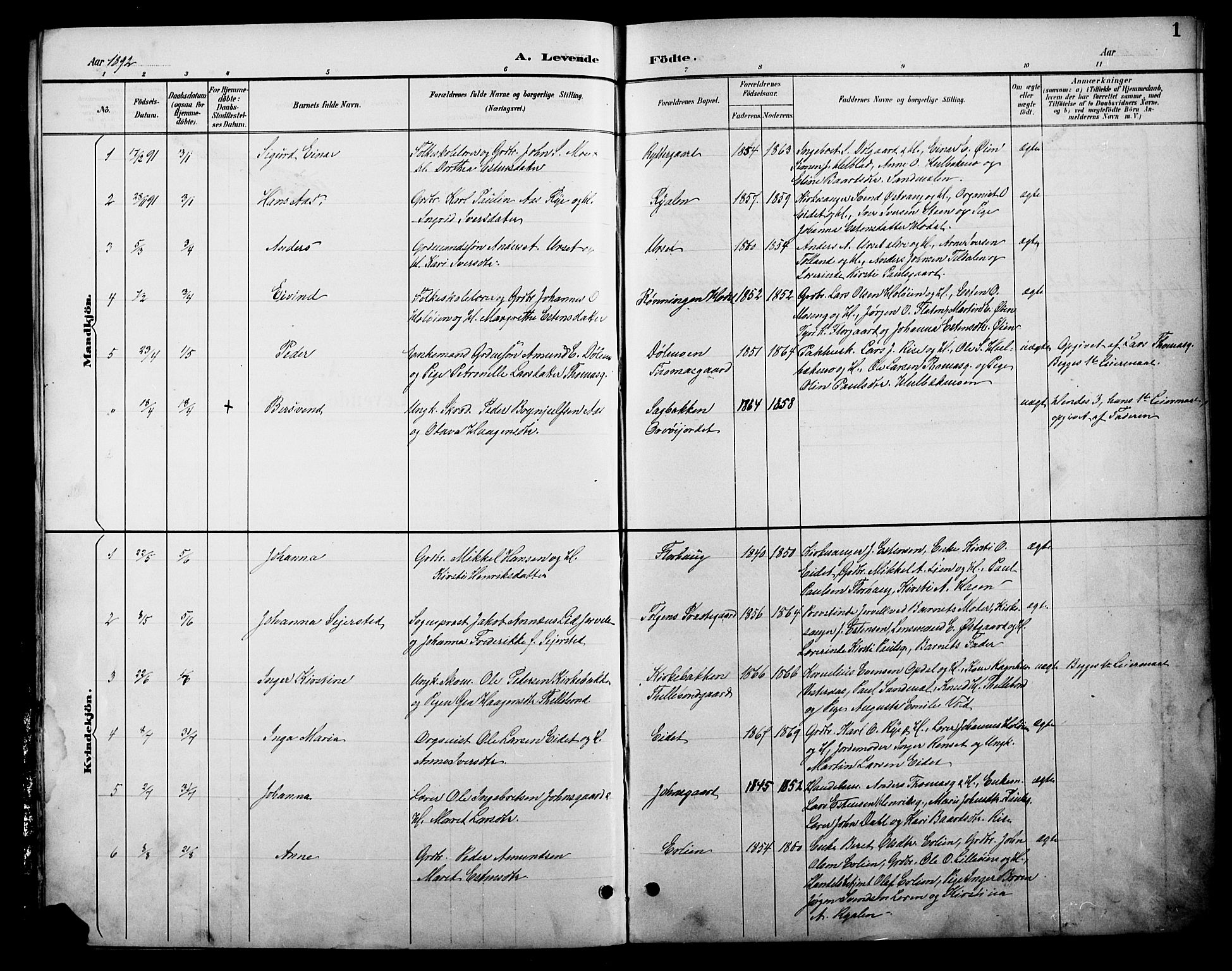 Tolga prestekontor, AV/SAH-PREST-062/L/L0009: Parish register (copy) no. 9, 1892-1919, p. 1